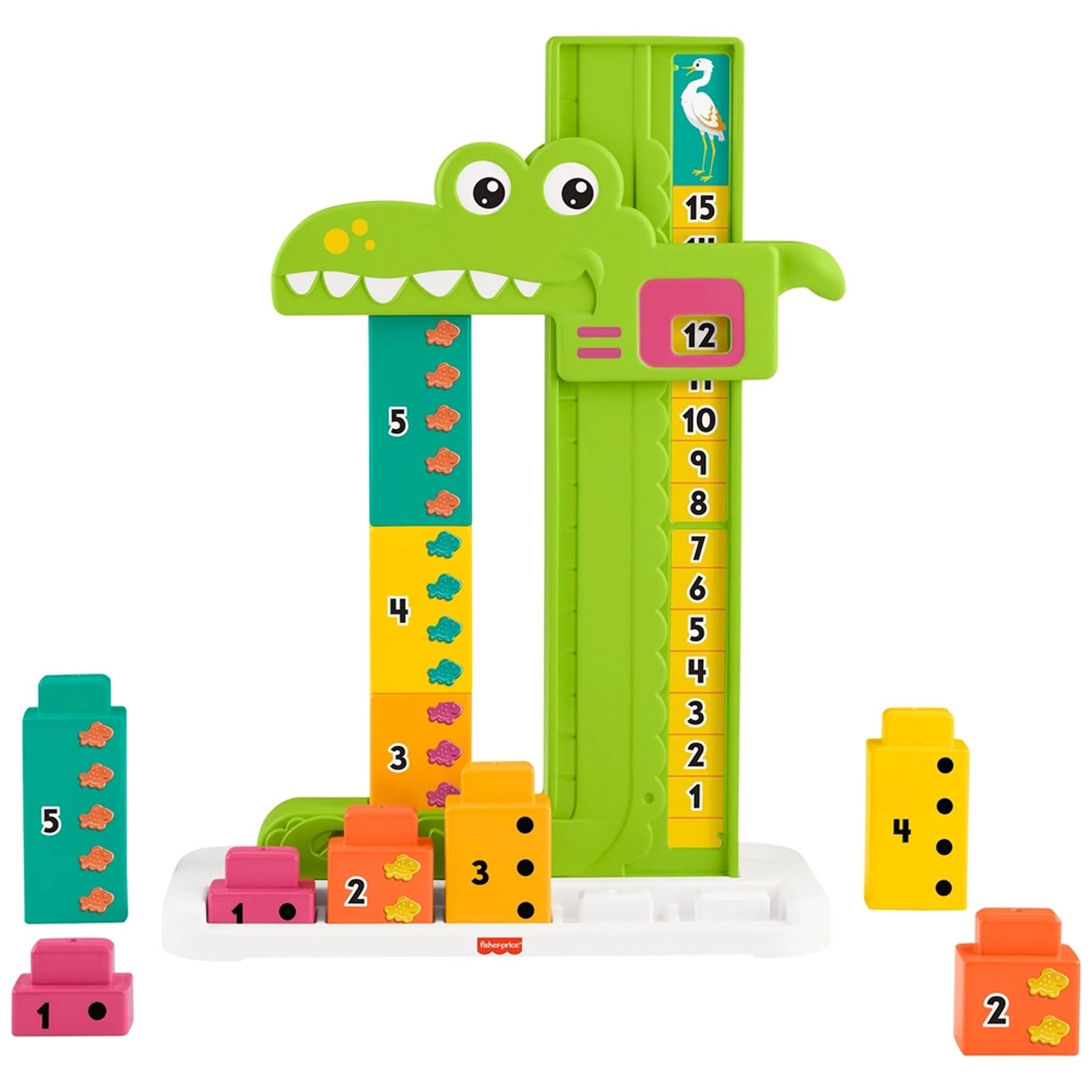 Green alligator toy stands next to a vertical counting board and several colored blocks.