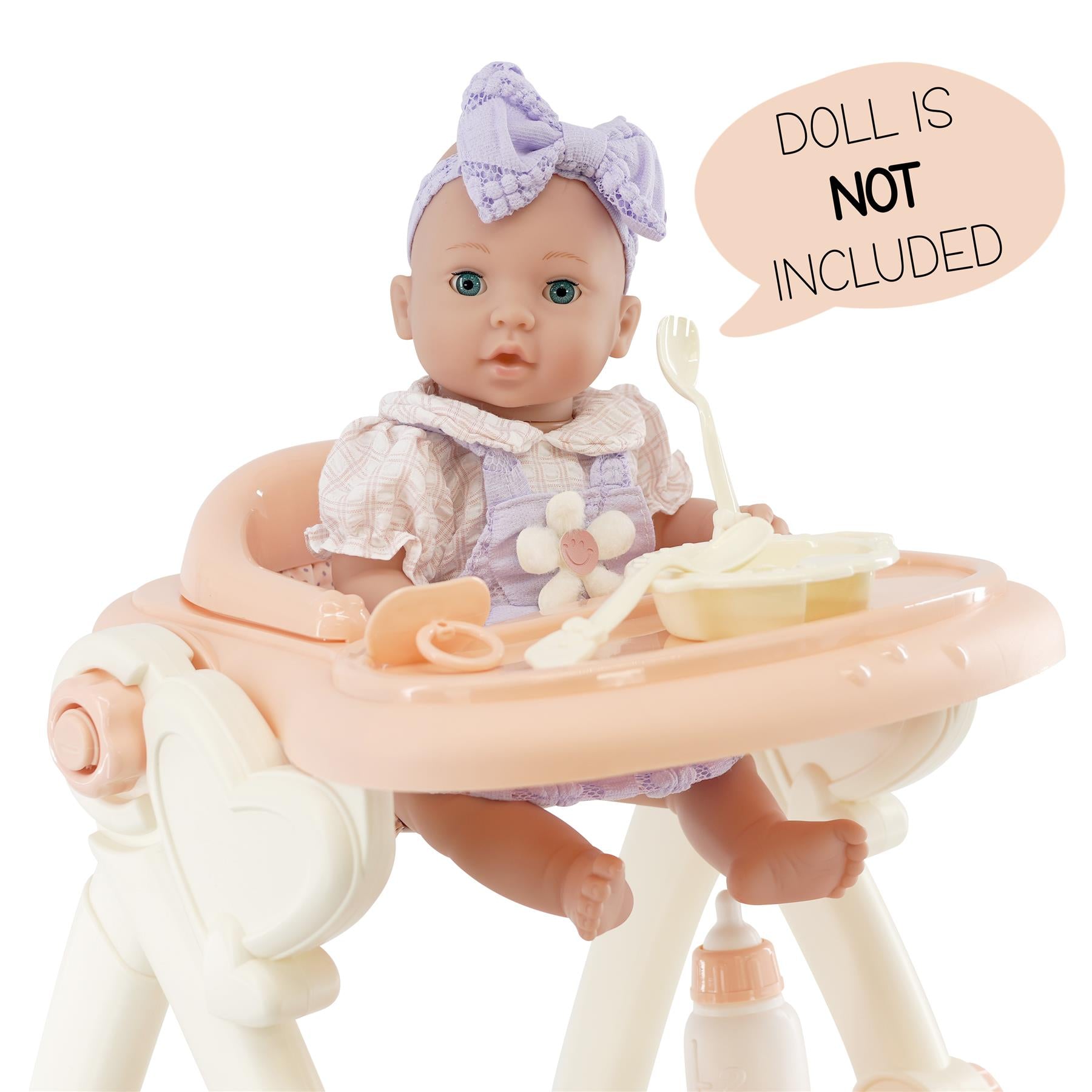 Doll in high chair with feeding accessories set. - The Magic Toy Shop