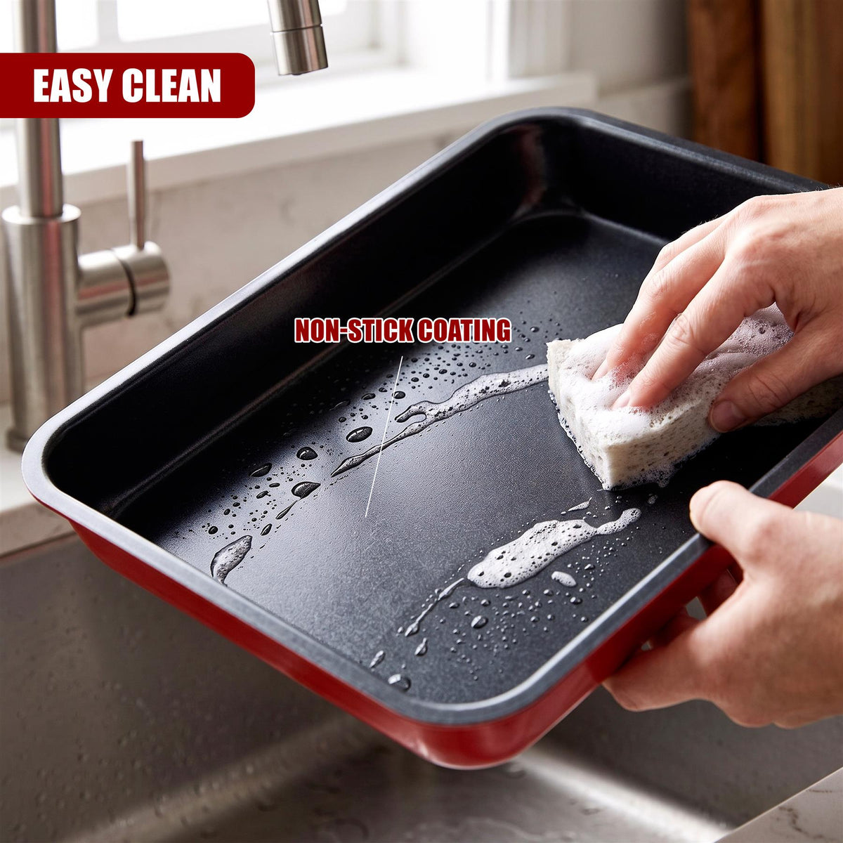 A hand cleans a GEEZY roasting tray with a sponge, highlighting its non-stick coating