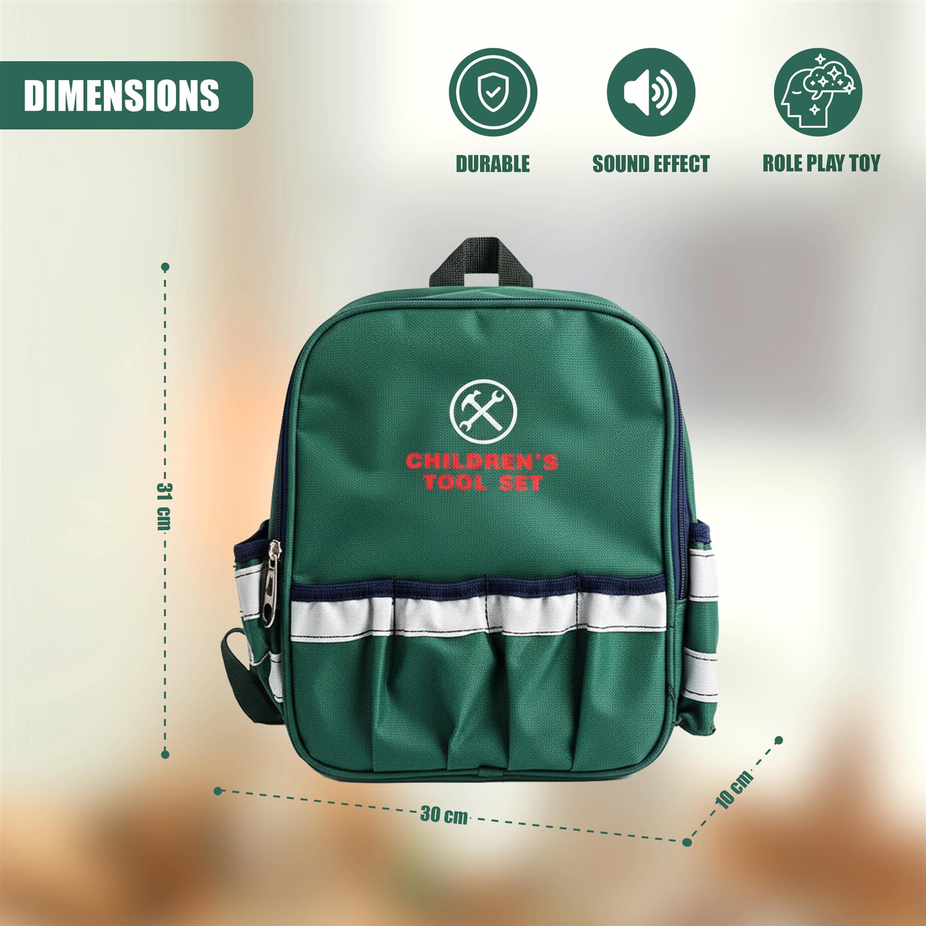A green backpack with a white and navy blue design, featuring a white hammer and wrench icon. The front of the bag has a white and navy blue stripe with a white hammer and wrench icon. The bag has multiple pockets and a handle. - The Magic Toy Shop