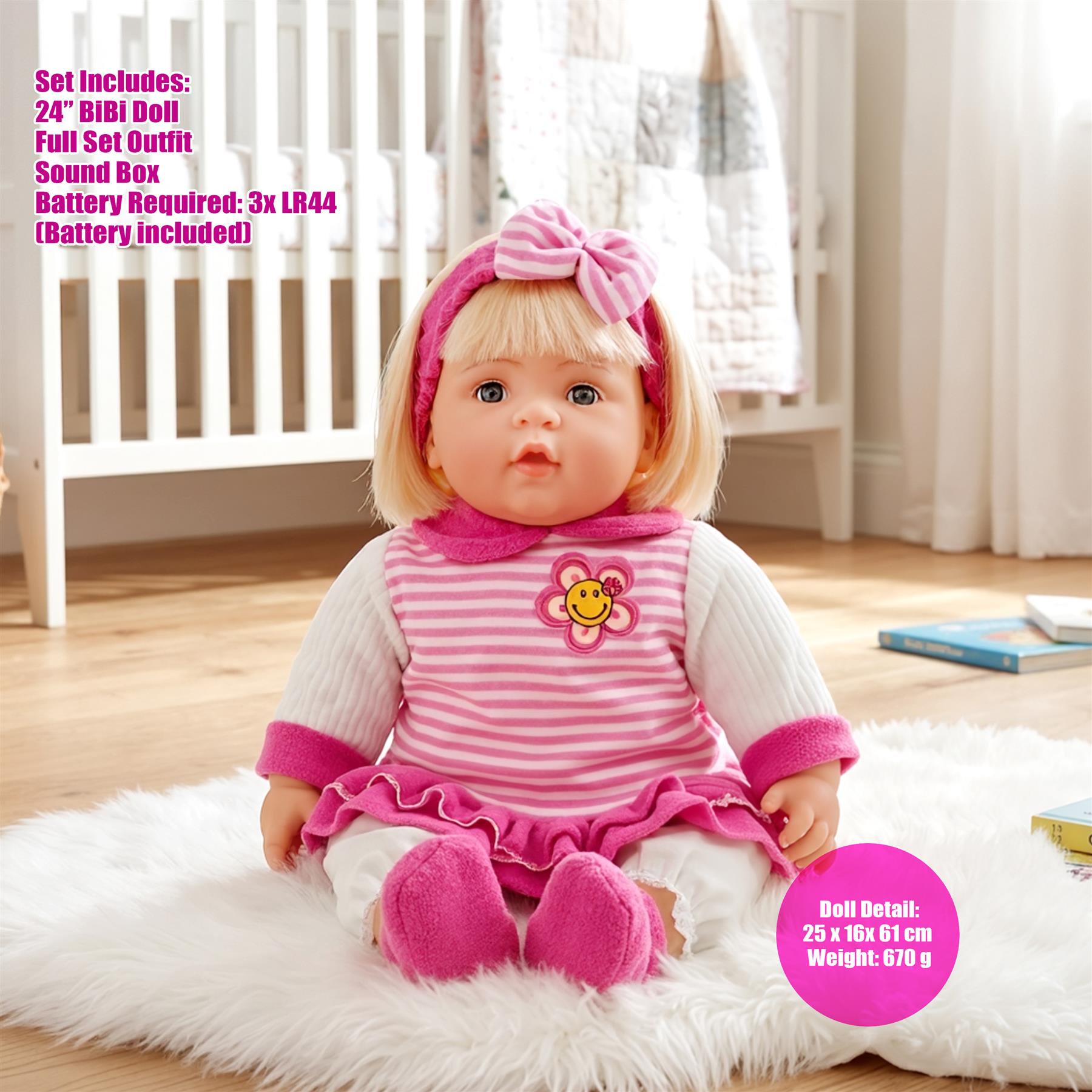 A vinyl baby girl doll with chubby features, dressed in pink and white clothing accents.