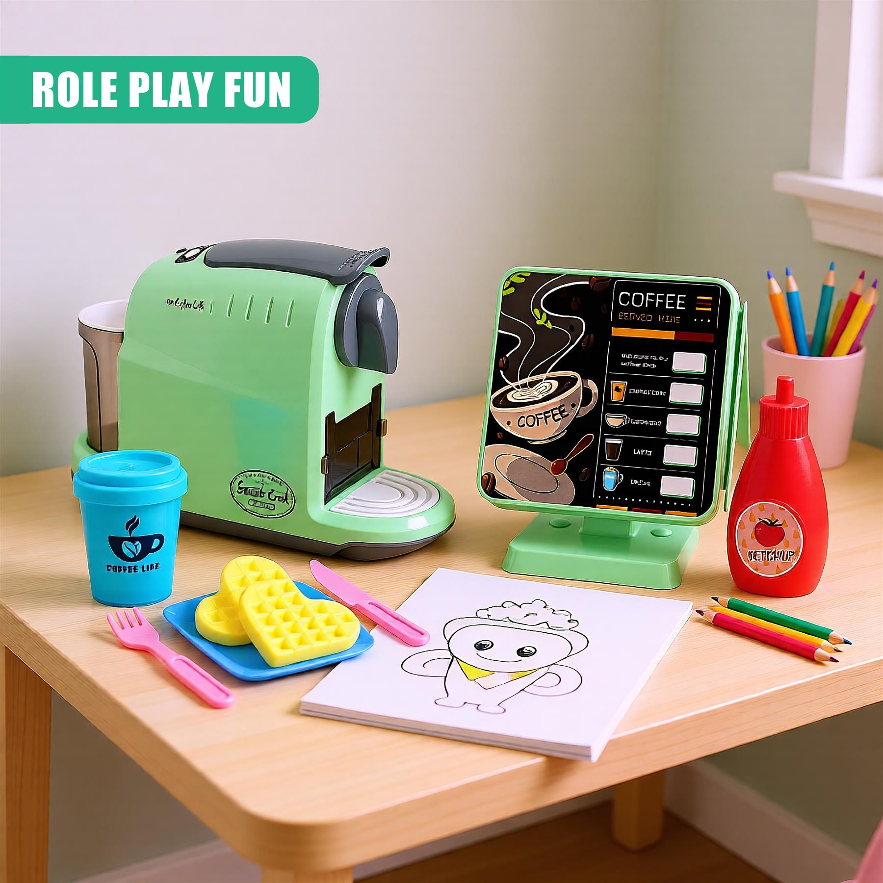 A playset featuring a toy coffee machine, a play food plate with waffles, a play coffee cup, a play coffee menu, a play syrup bottle, a play coloring book, and a set of colored pencils. - The Magic Toy Shop