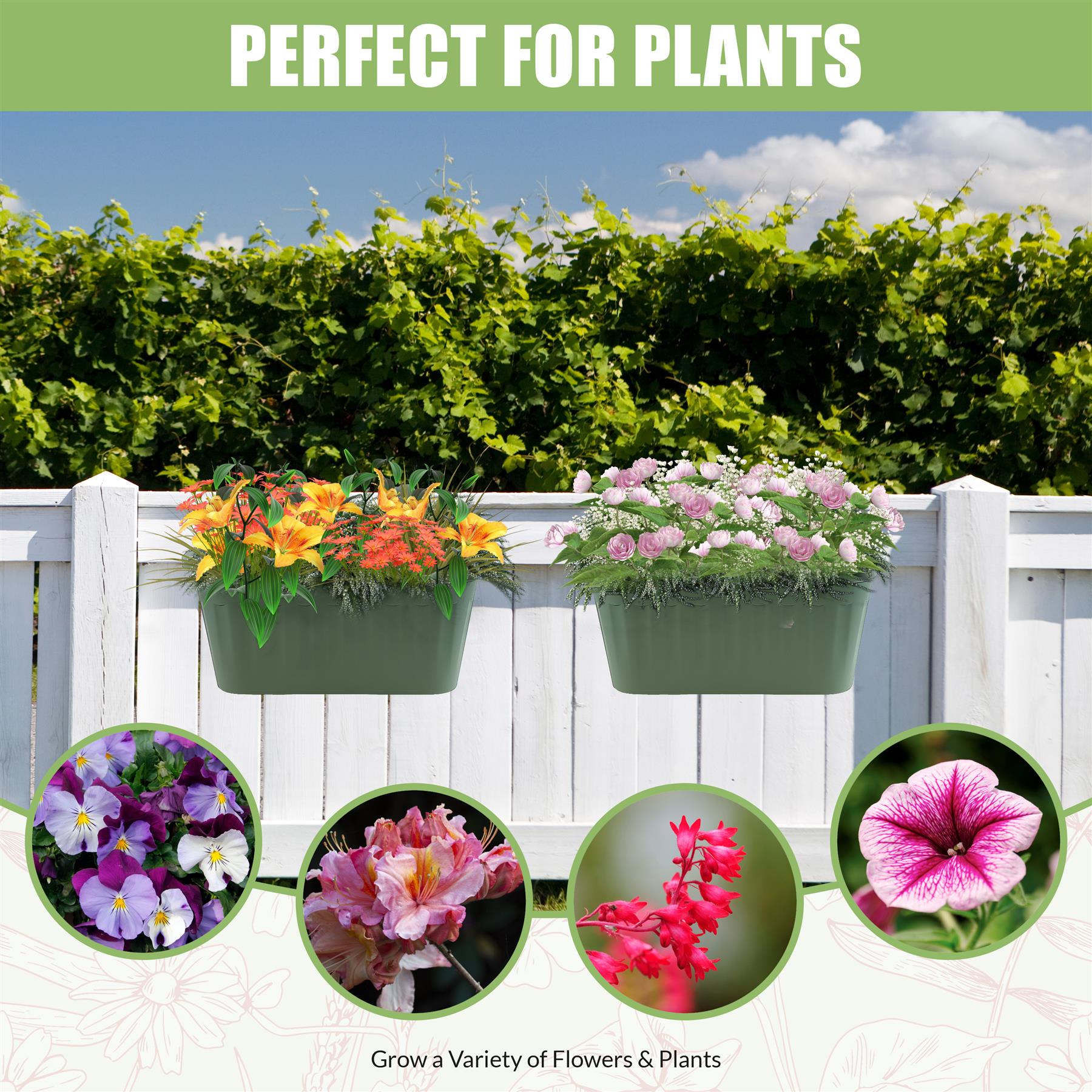 A pair of green planters, one filled with bright yellow and orange flowers, the other with pink and white blooms, both hanging from a white wooden fence. - The Magic Toy Shop
