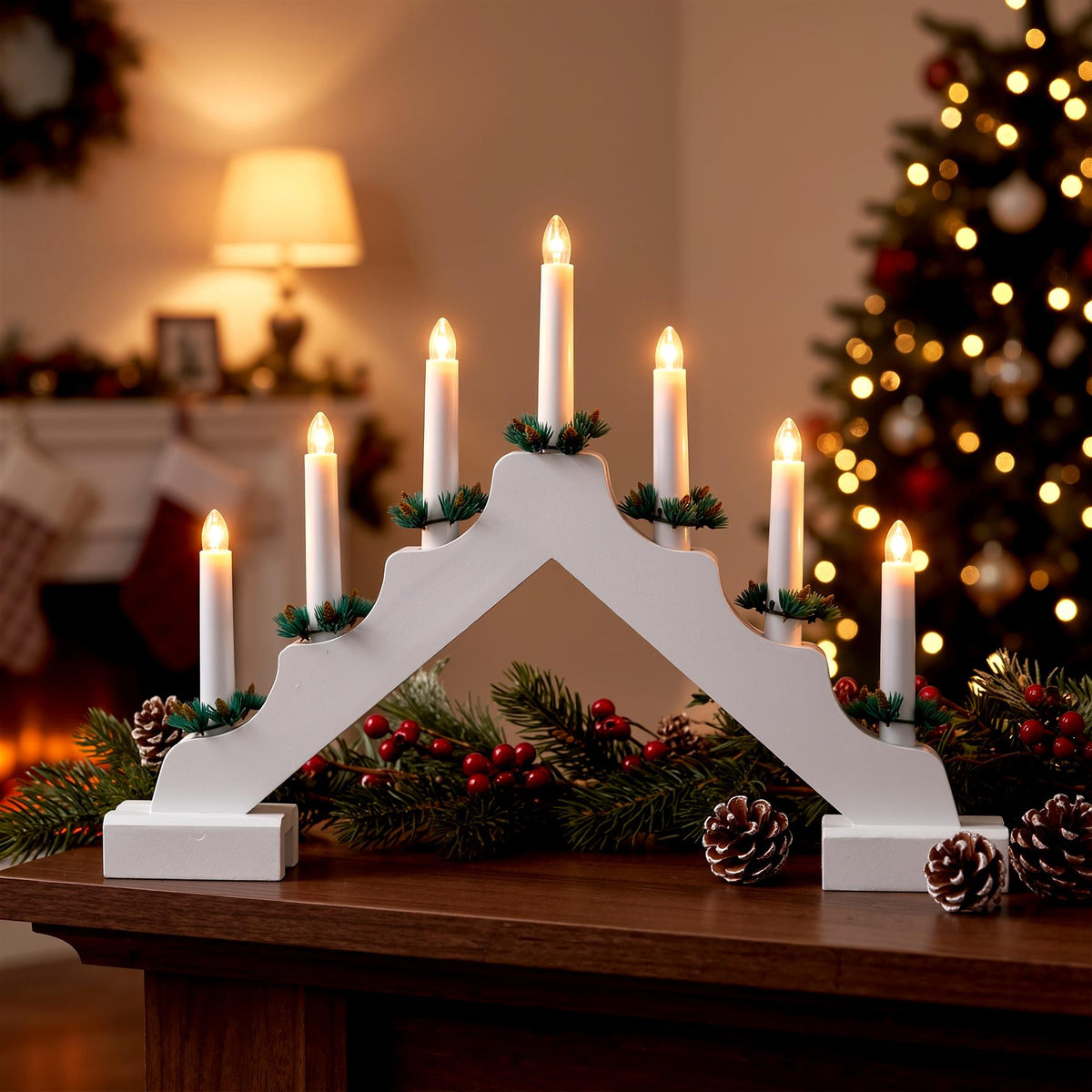 White Wooden Candle Bridge with 7 LED Lights