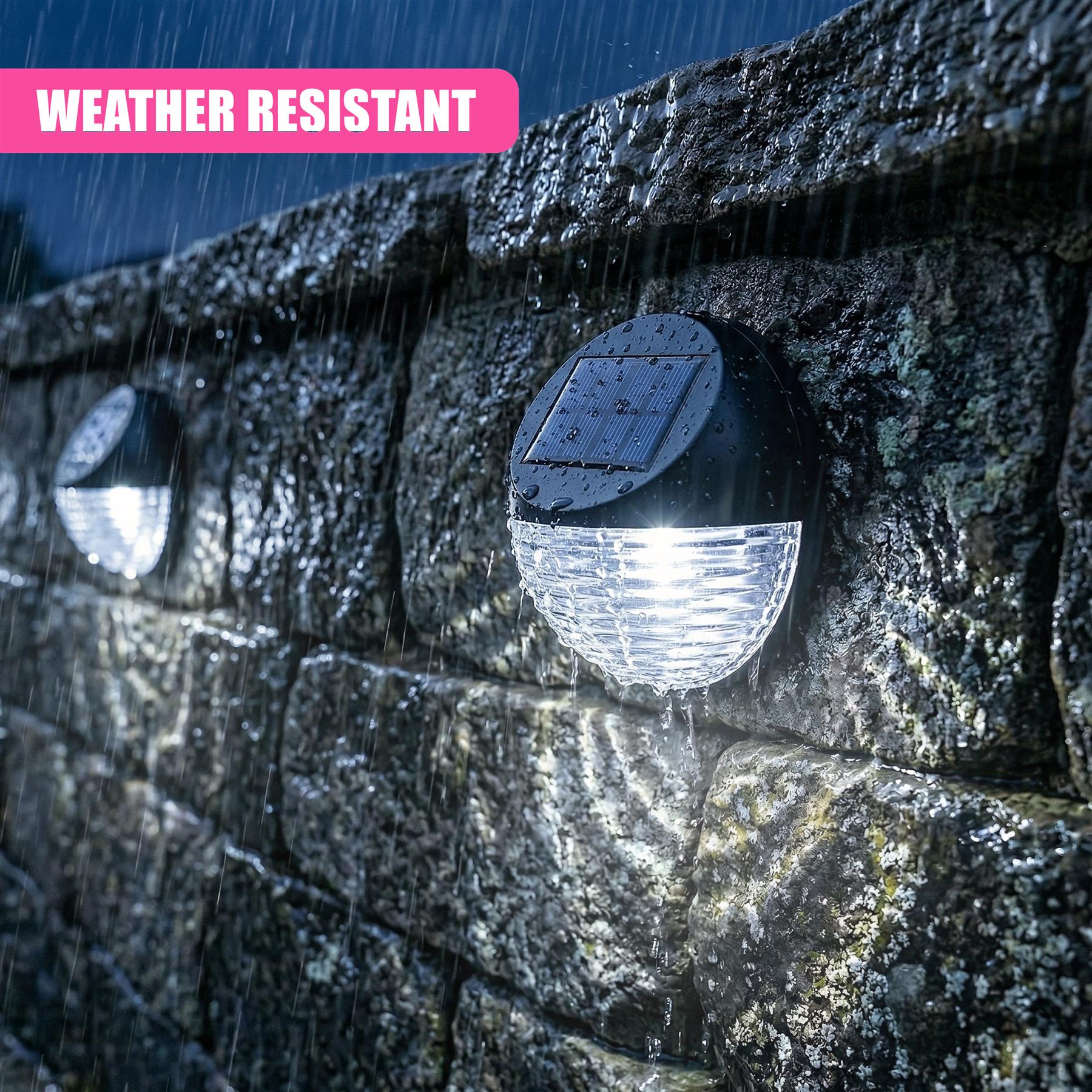 Multiple black solar path lights with white LEDs mounted on a wet stone barrier.