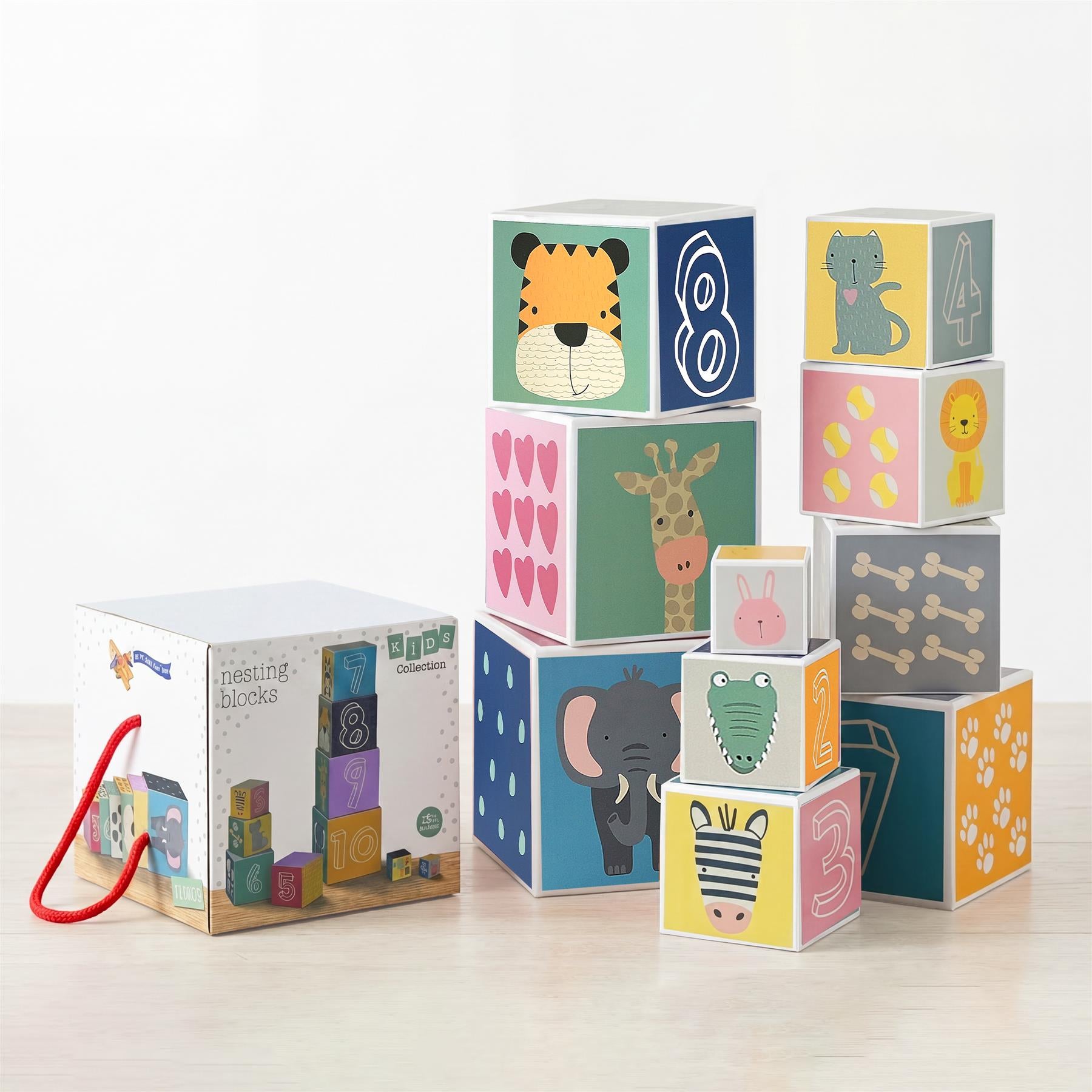 A set of colorful nesting and stacking cubes featuring numbers and various animals.