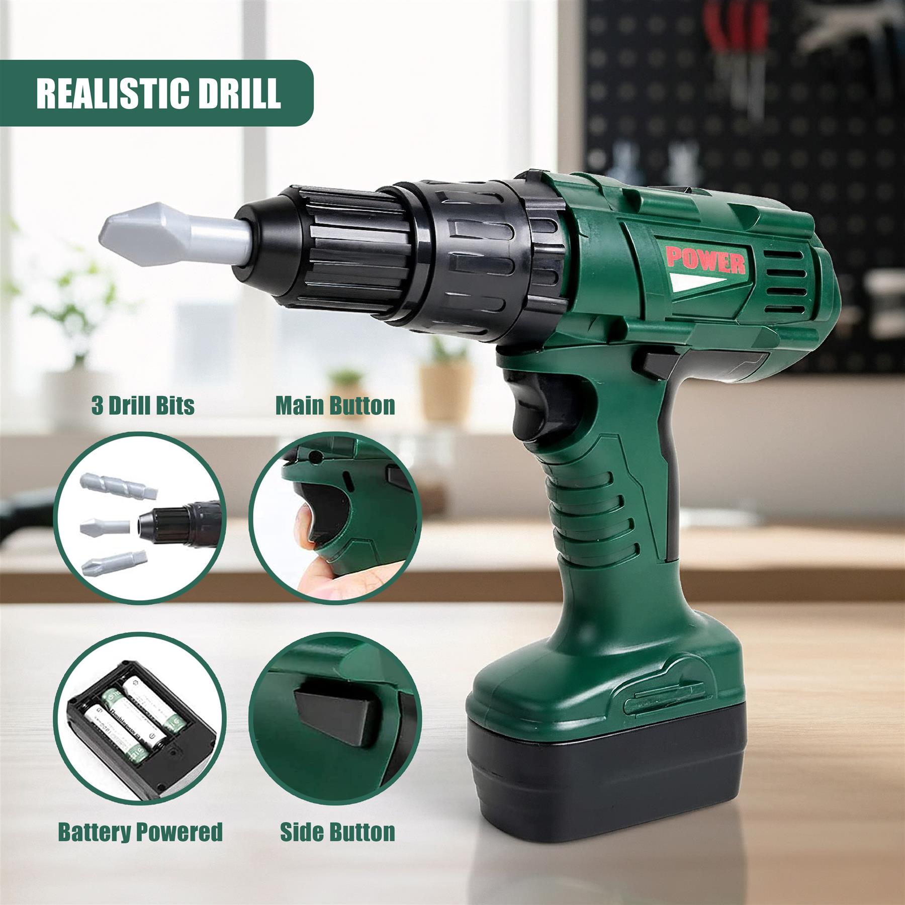 A green and black cordless drill is placed on a workbench. It has a battery-powered design with a side button, main button, and three drill bits. The drill's design is both durable and user-friendly. - The Magic Toy Shop