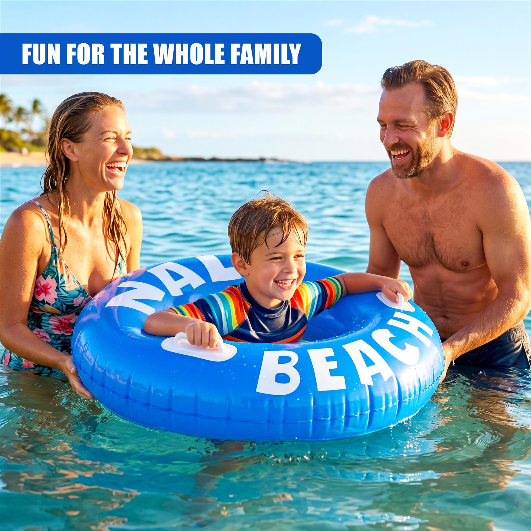 Young boy sits in a blue inflatable ring float while surrounded by adults in clear ocean water.