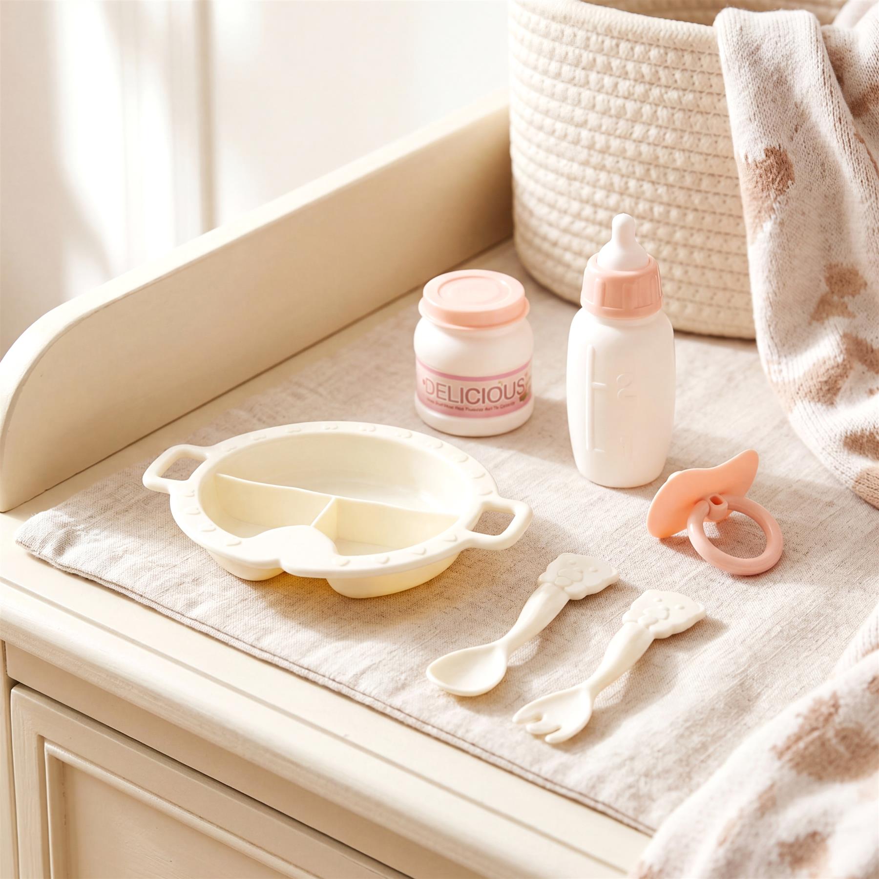 Dolls' feeding accessories set includes a tray, bottle, jar, spoons, and pacifier.