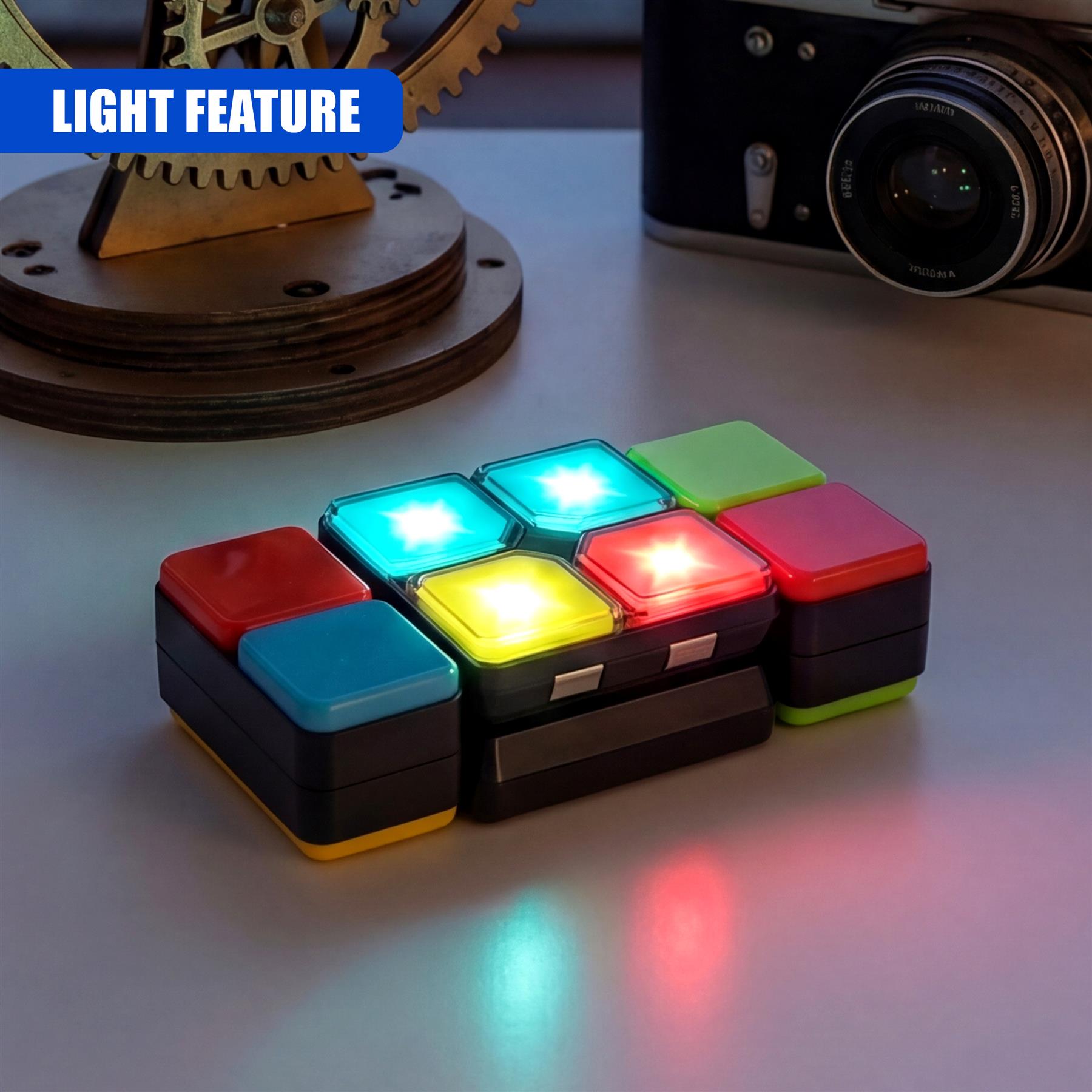 A handheld puzzle cube shows colored facets illuminated by multiple contrasting internal lights.