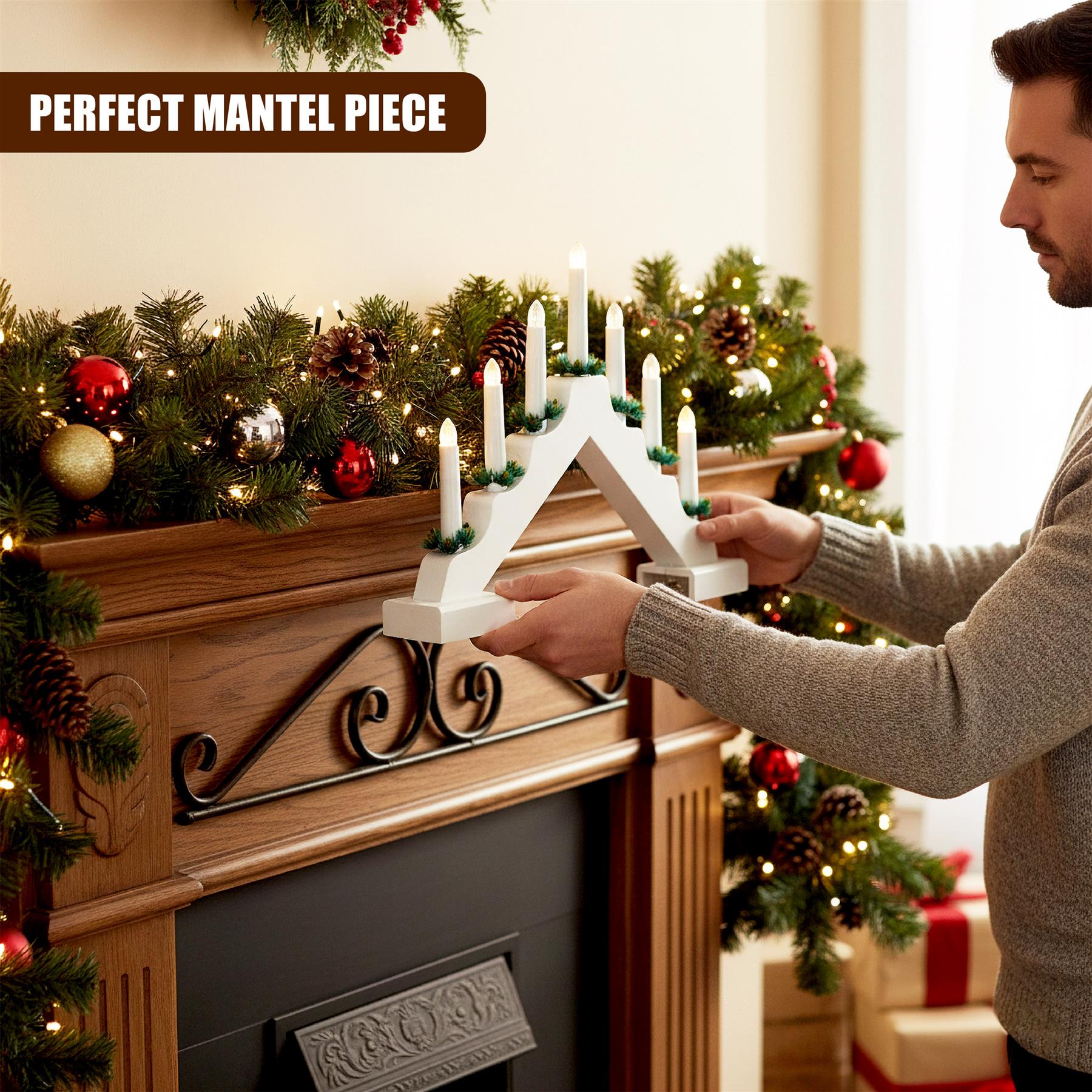 White Wooden Candle Bridge with 7 LED Lights