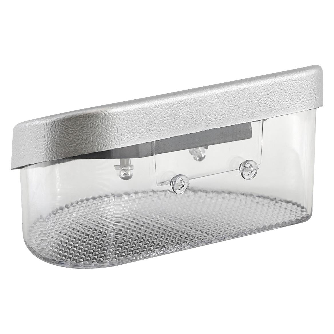 Clear, rectangular housing with a solid top section and visible internal supports for solar lighting.