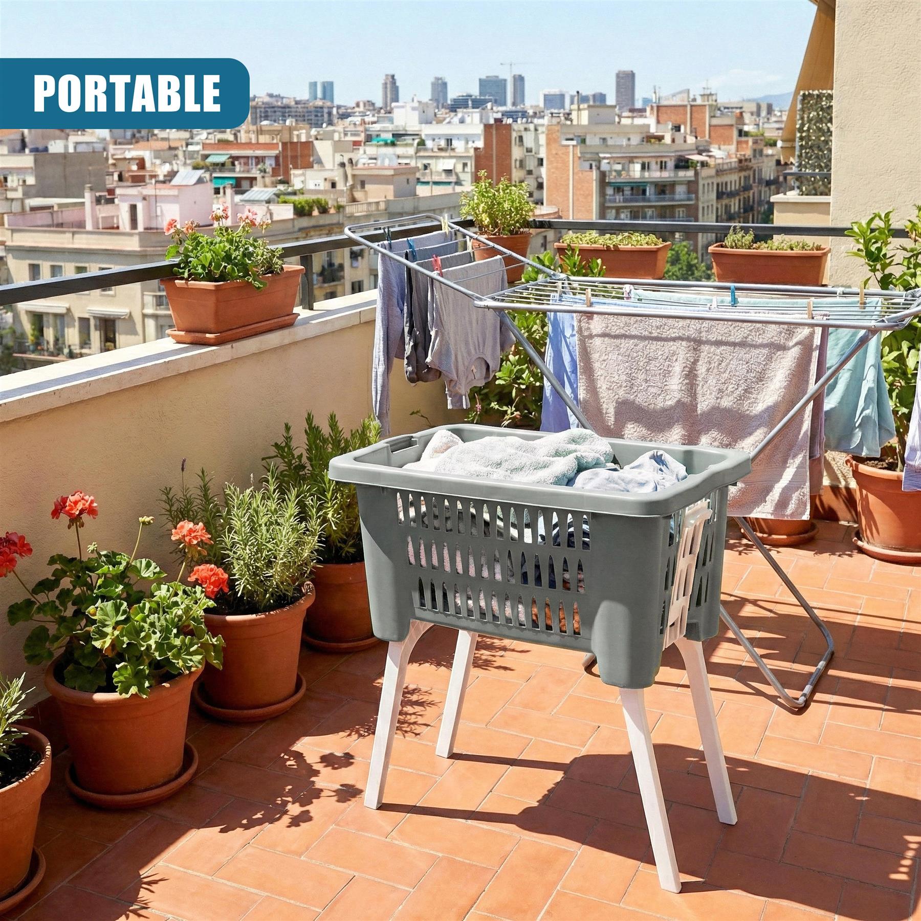 A gray hamper with white foldable legs and integrated drying rack on an outdoor tile floor.