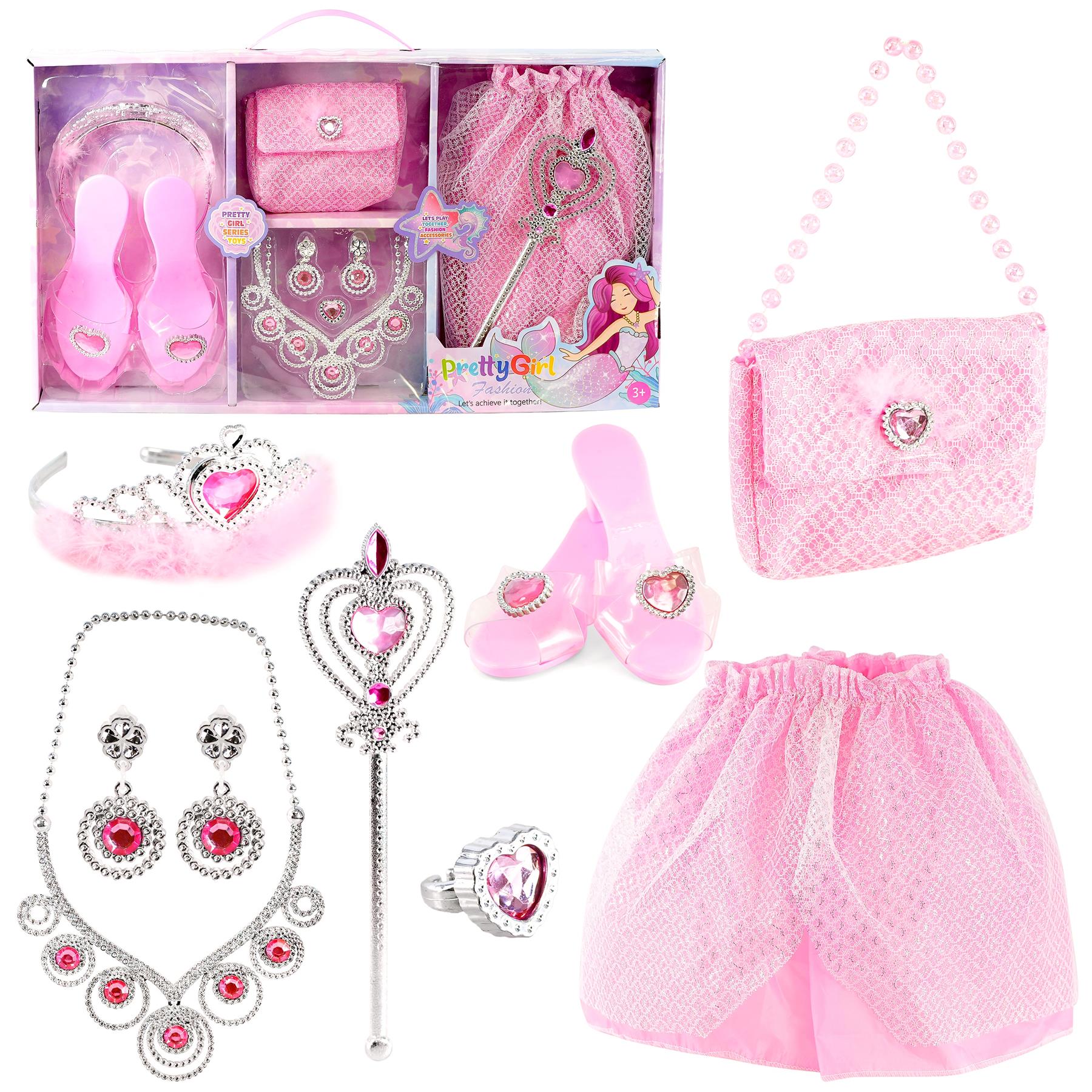 A toy set for young girls, featuring a pink princess costume, accessories, and a playset, with a focus on a pink princess theme, including a dress, shoes, and a tiara. - The Magic Toy Shop