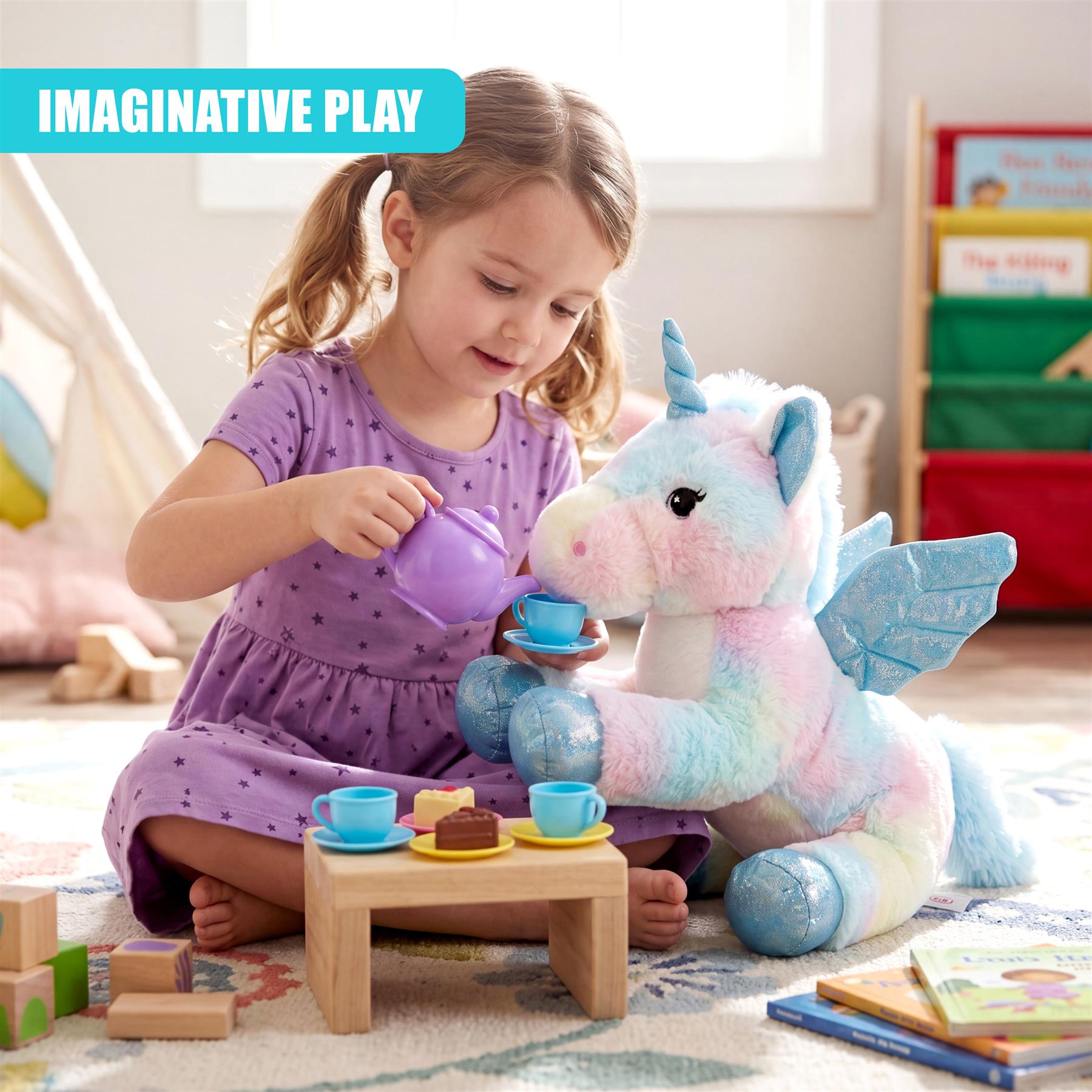Little girl interacting with a plush blue and pink unicorn toy and a wooden table.