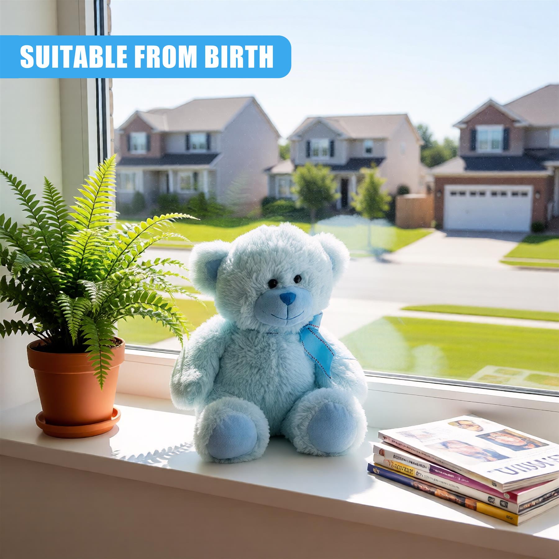 Light blue stuffed bear sits between a potted green plant and a stack of books on the windowsill.