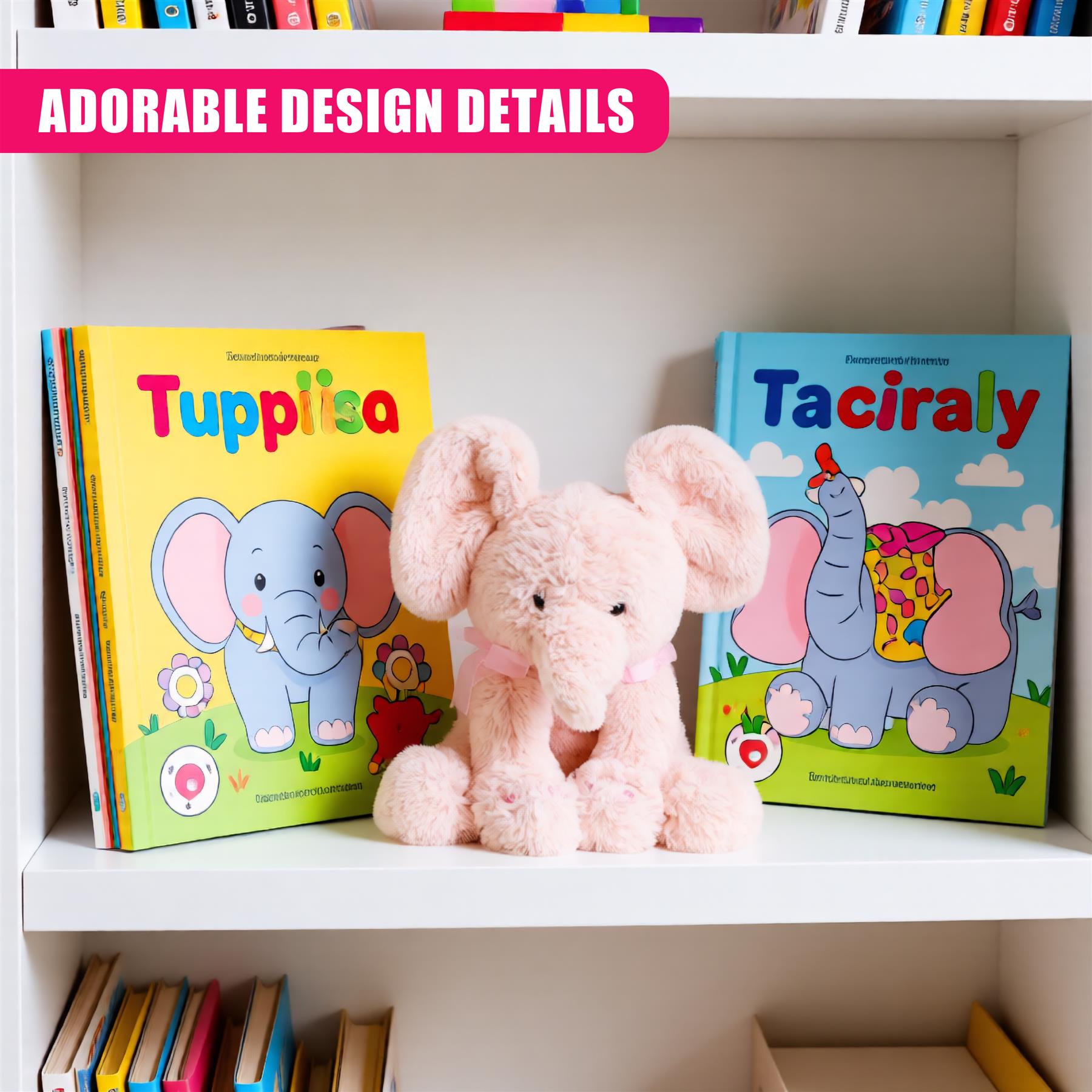 A plush pink elephant sits between two colorful children's books, "Tuppiisa" and "Taciraly", on a white bookshelf. - The Magic Toy Shop