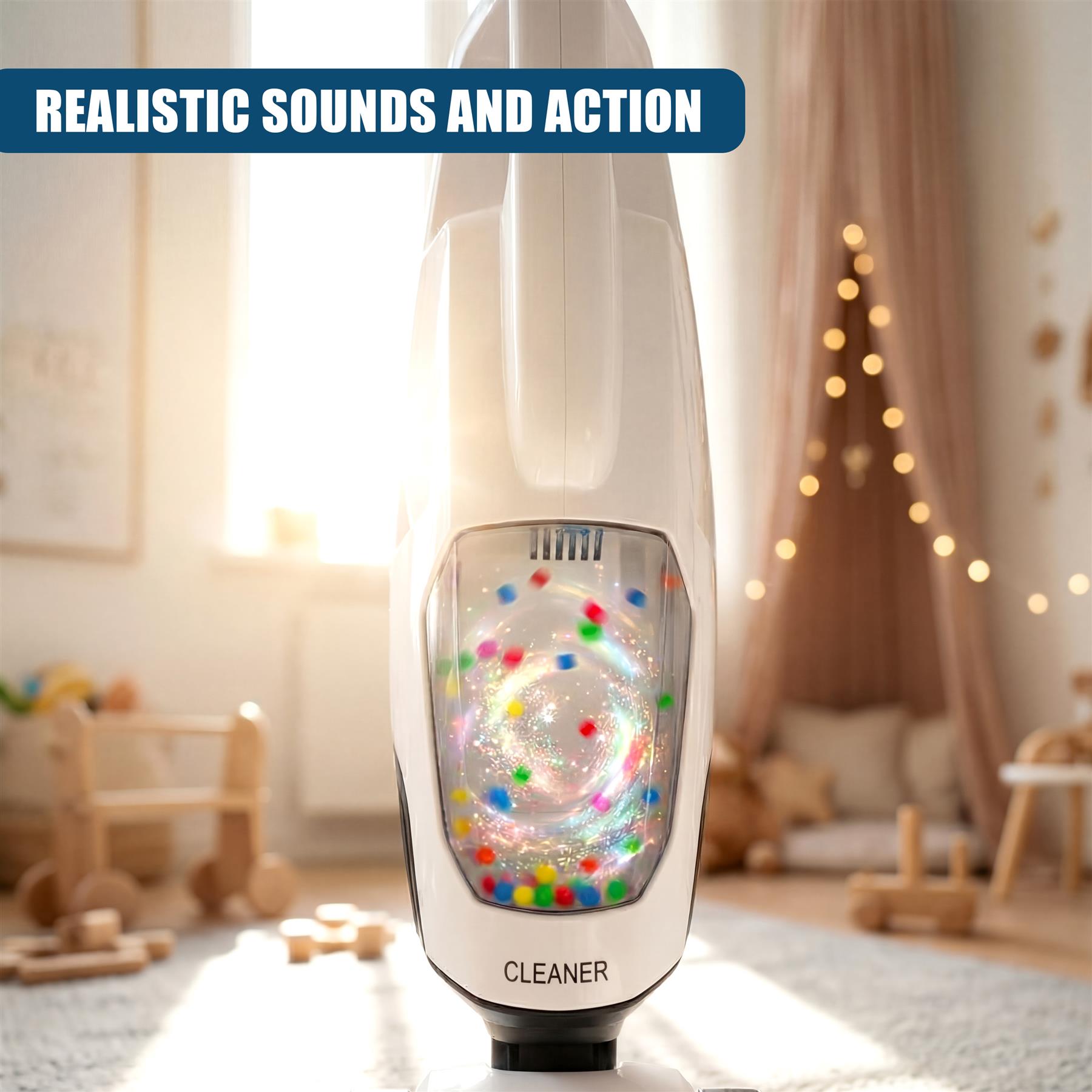 Kids Hoover vacuum cleaner toy with lights and action on a plush carpet.