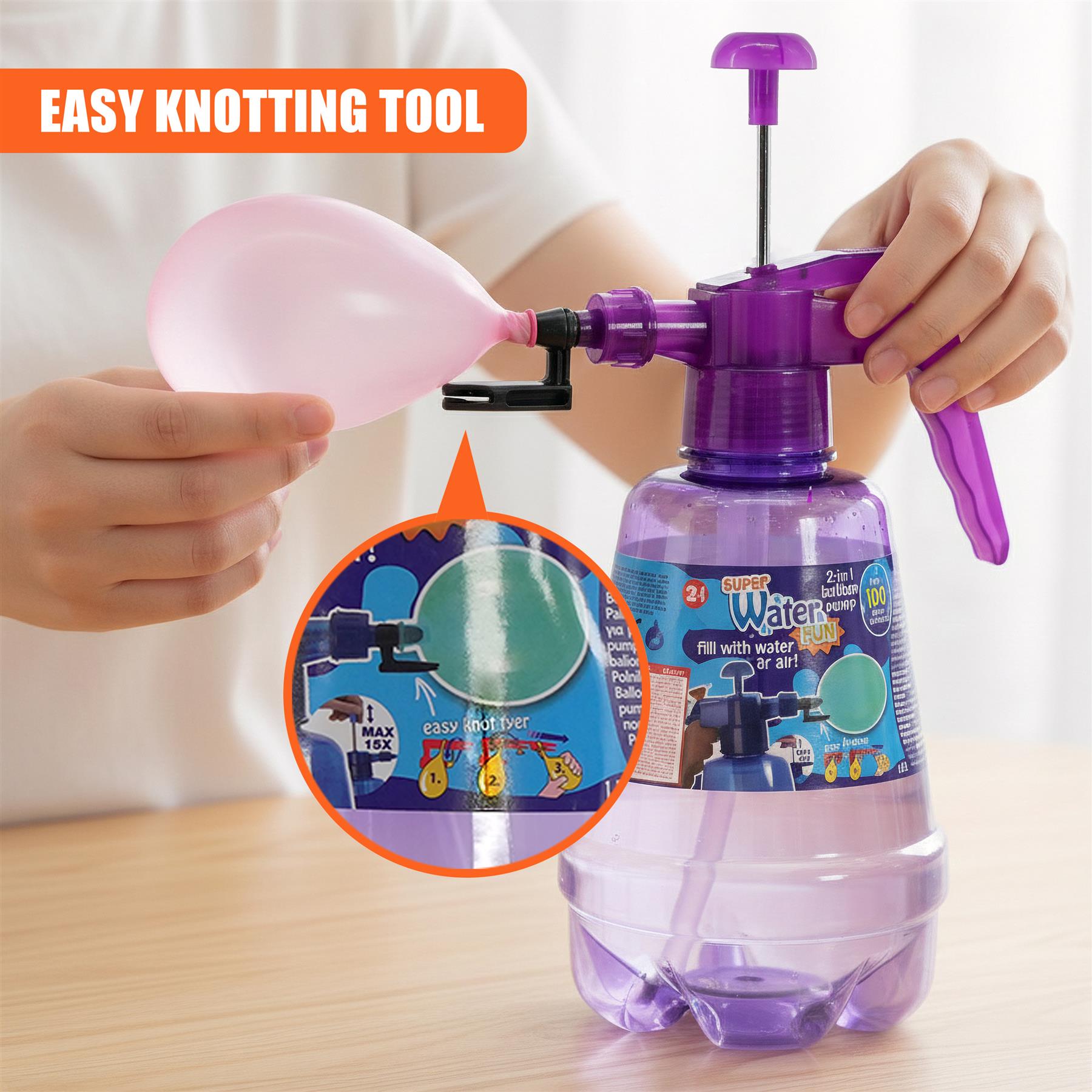 A person holds a pink attachment near a purple water pump bottle and nozzle setup.