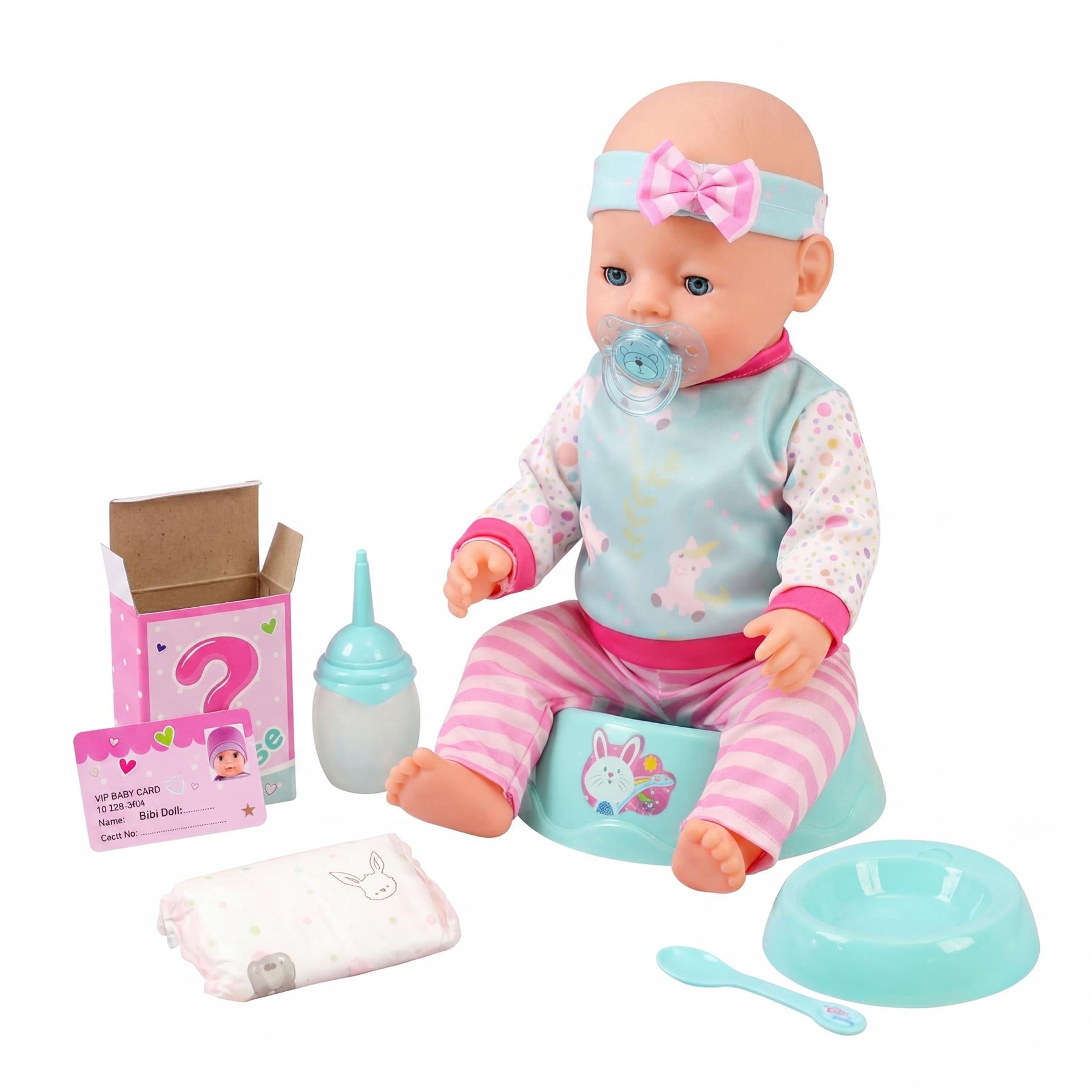 Doll dressed in pink clothing sits among accessories, including a bottle, plate, and toy box.