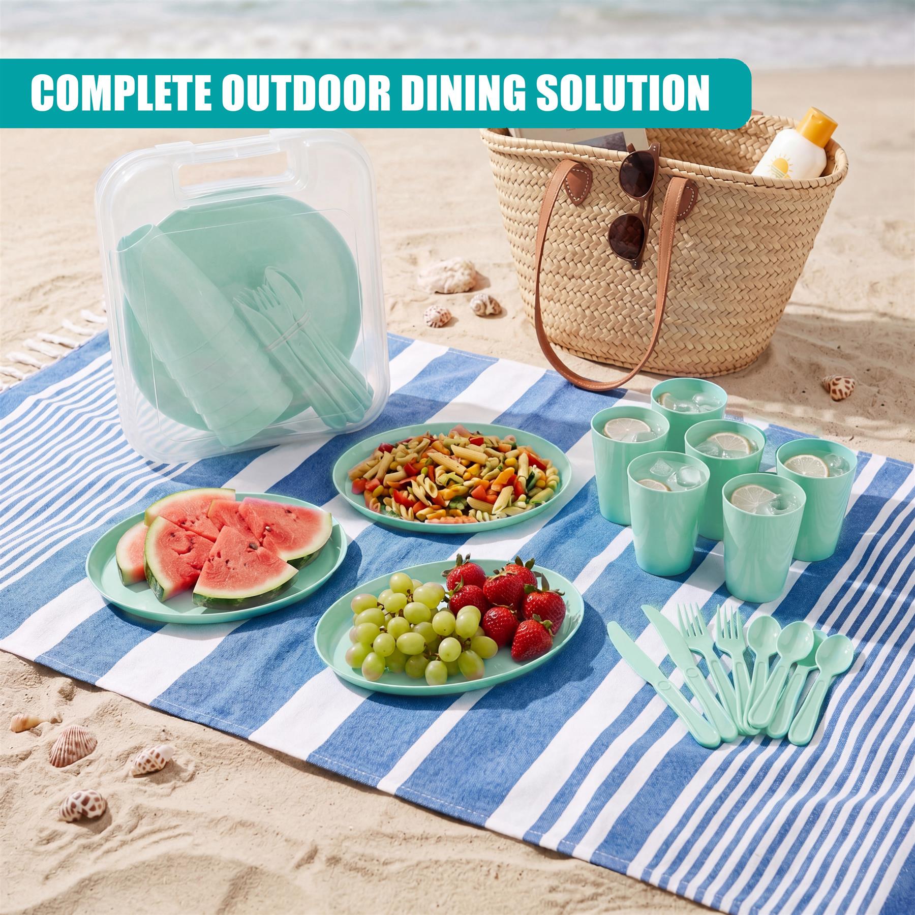 Outdoor picnic items include green plates, cups, cutlery, and fruit laid out on a blue blanket.