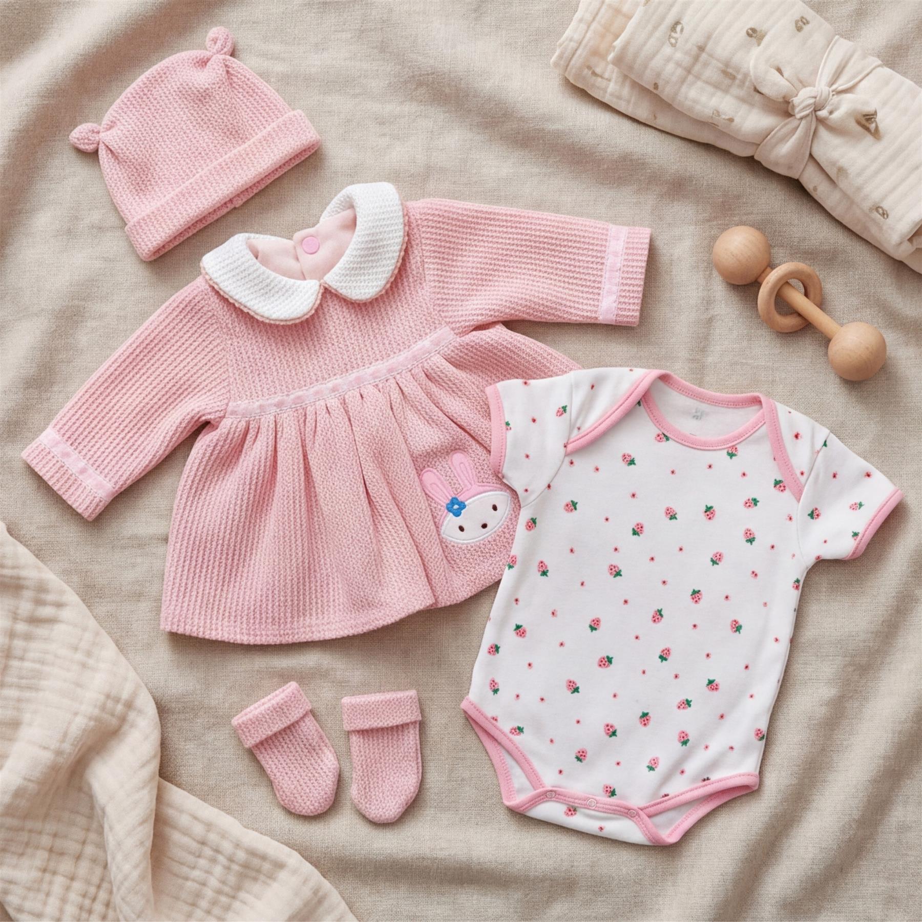 Flat lay display featuring pink doll clothes: hat, top, skirt, patterned bodysuit, and socks.