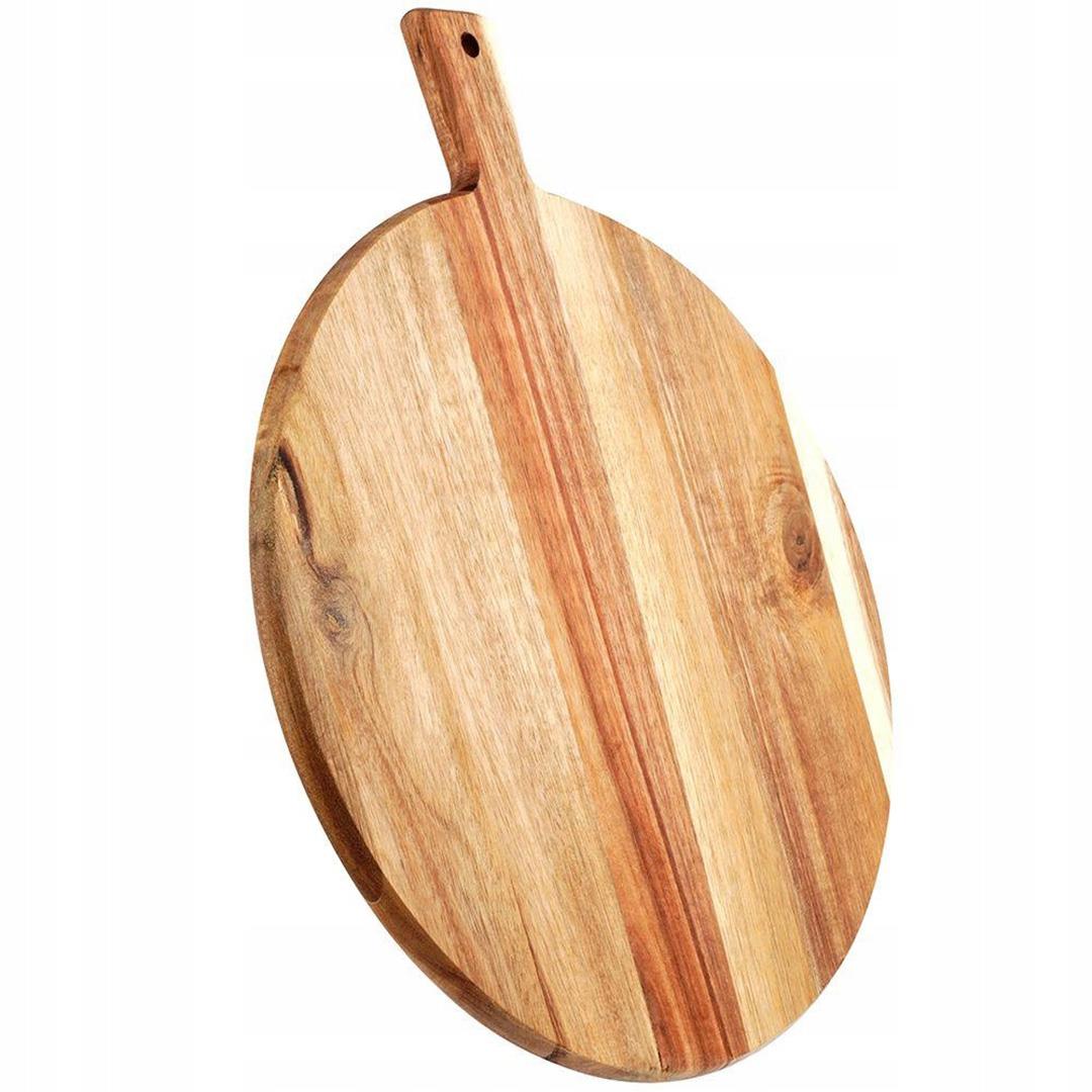 A wooden cutting board with a handle and a flat, oval shape, made of natural wood with a warm, golden color and a smooth, glossy finish. - The Magic Toy Shop