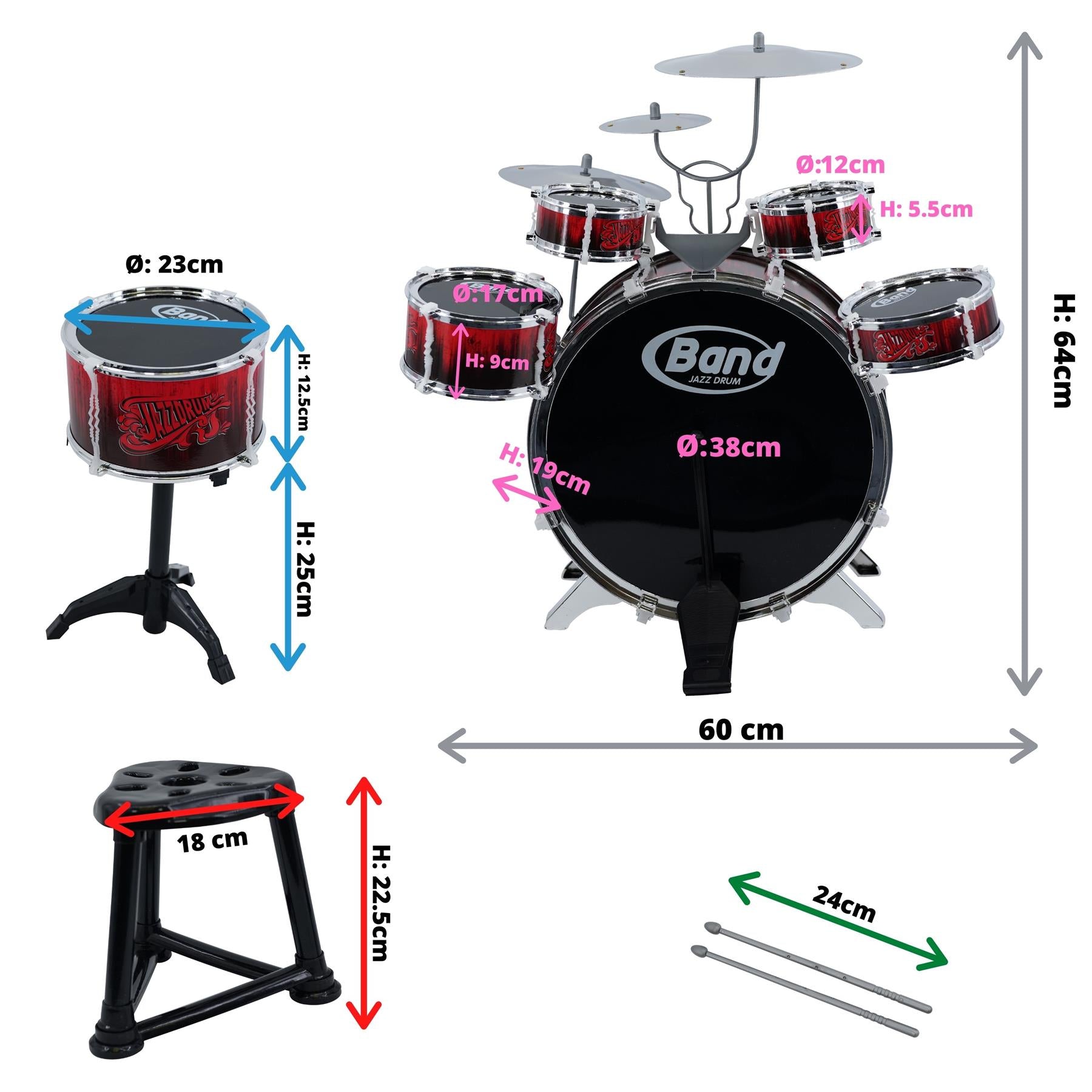 Kids Drum Kit With Stool 10 Piece by The Magic Toy Shop - The Magic Toy Shop