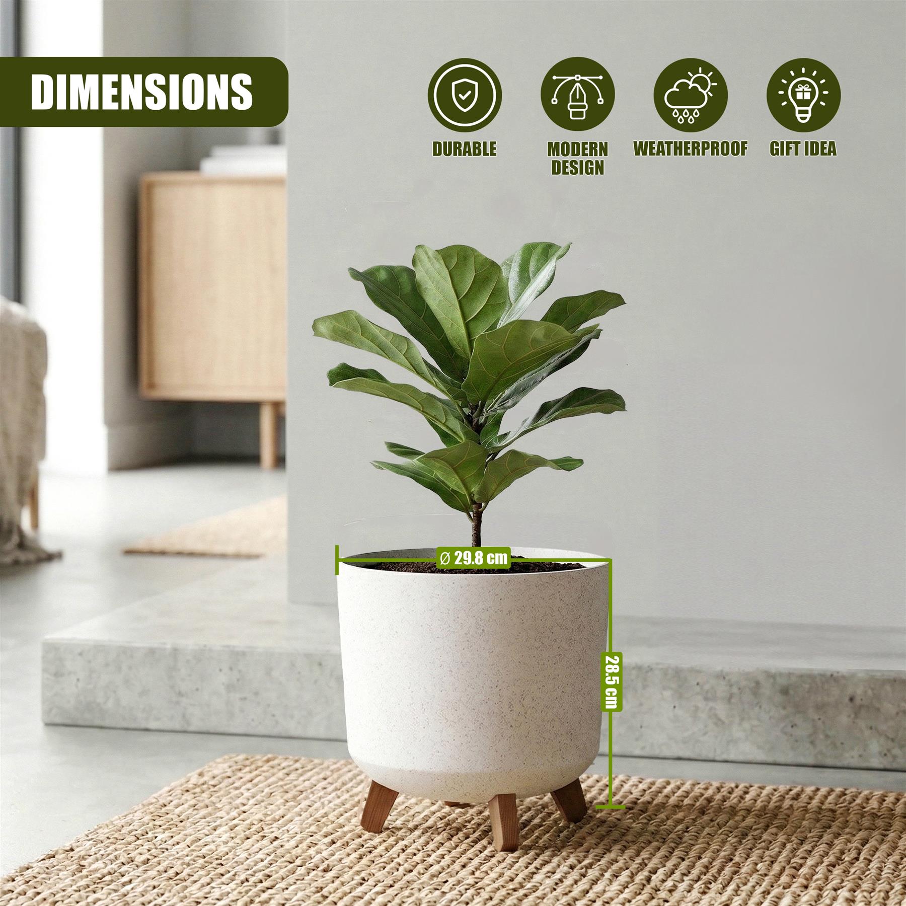 Light beige pot with small wooden legs holding a green leafy houseplant, sitting on a woven mat.