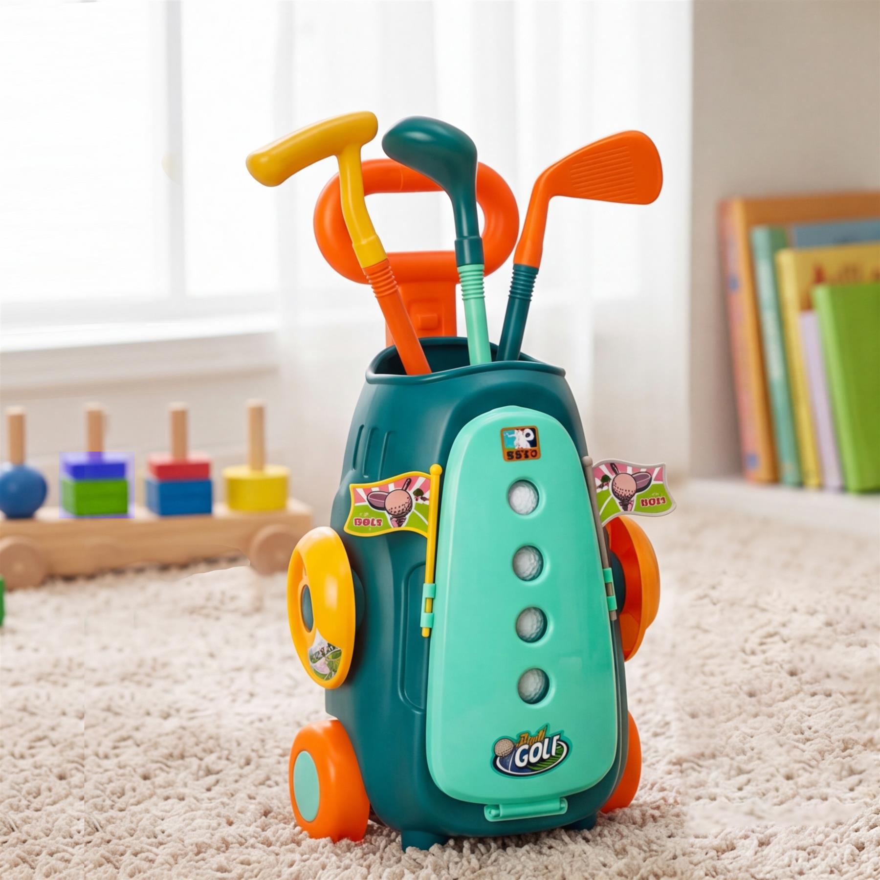 A colorful plastic golf club set stored in a teal carrier bag for children.