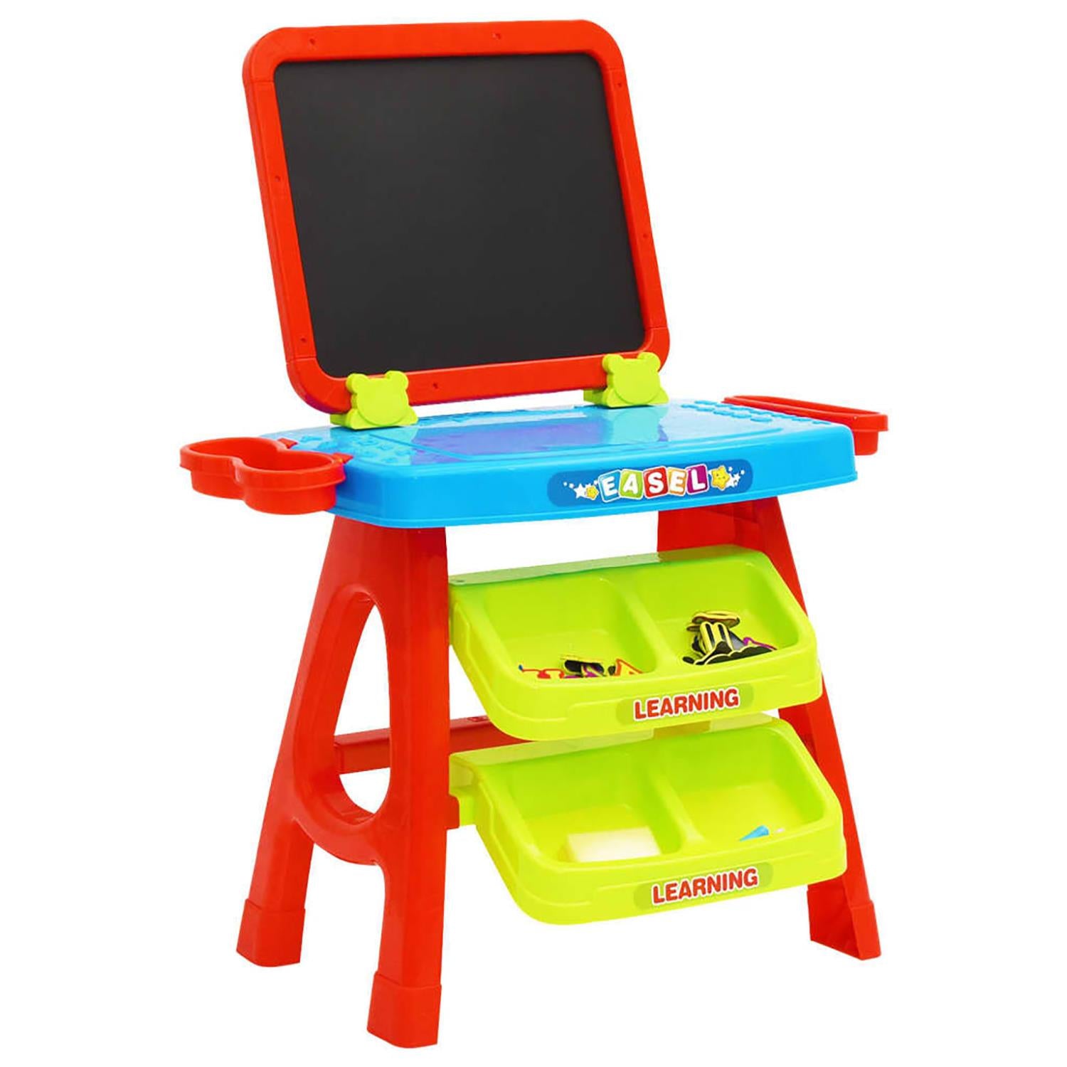 Combination learning station featuring an attached chalkboard easel and dedicated workspace surface.