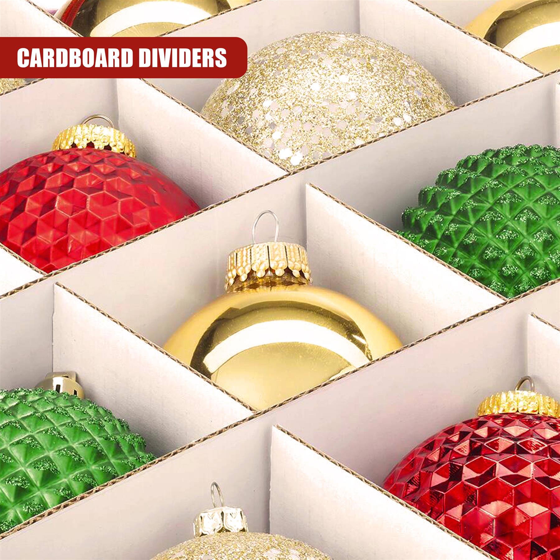 A set of Christmas ornaments stored in individual, compartmentalized cardboard dividers. Each ornament is nestled in its own section, showcasing different colors and shapes. - The Magic Toy Shop