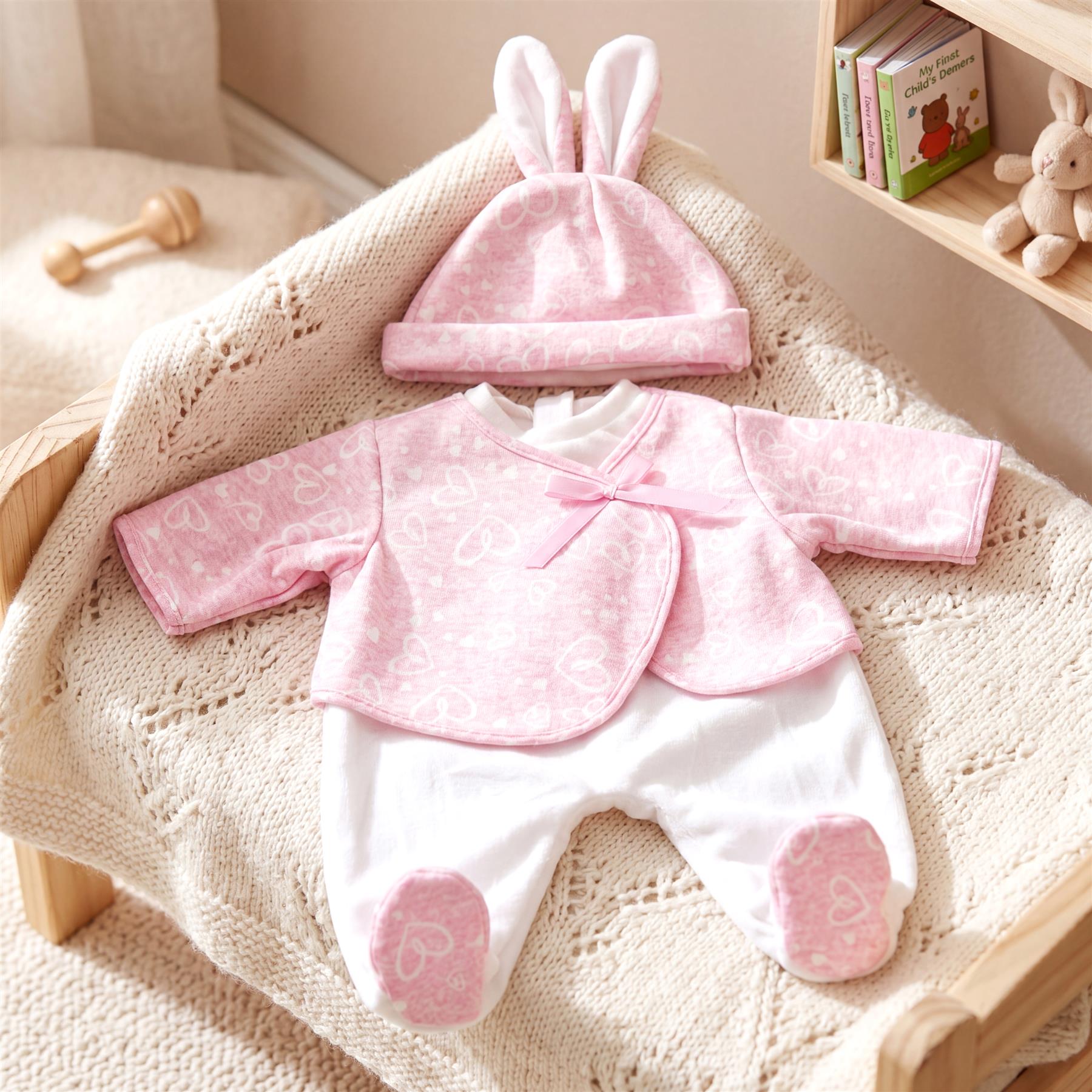 Pink baby outfit set including a bunny hat, matching top, and white pants with pink appliqués.