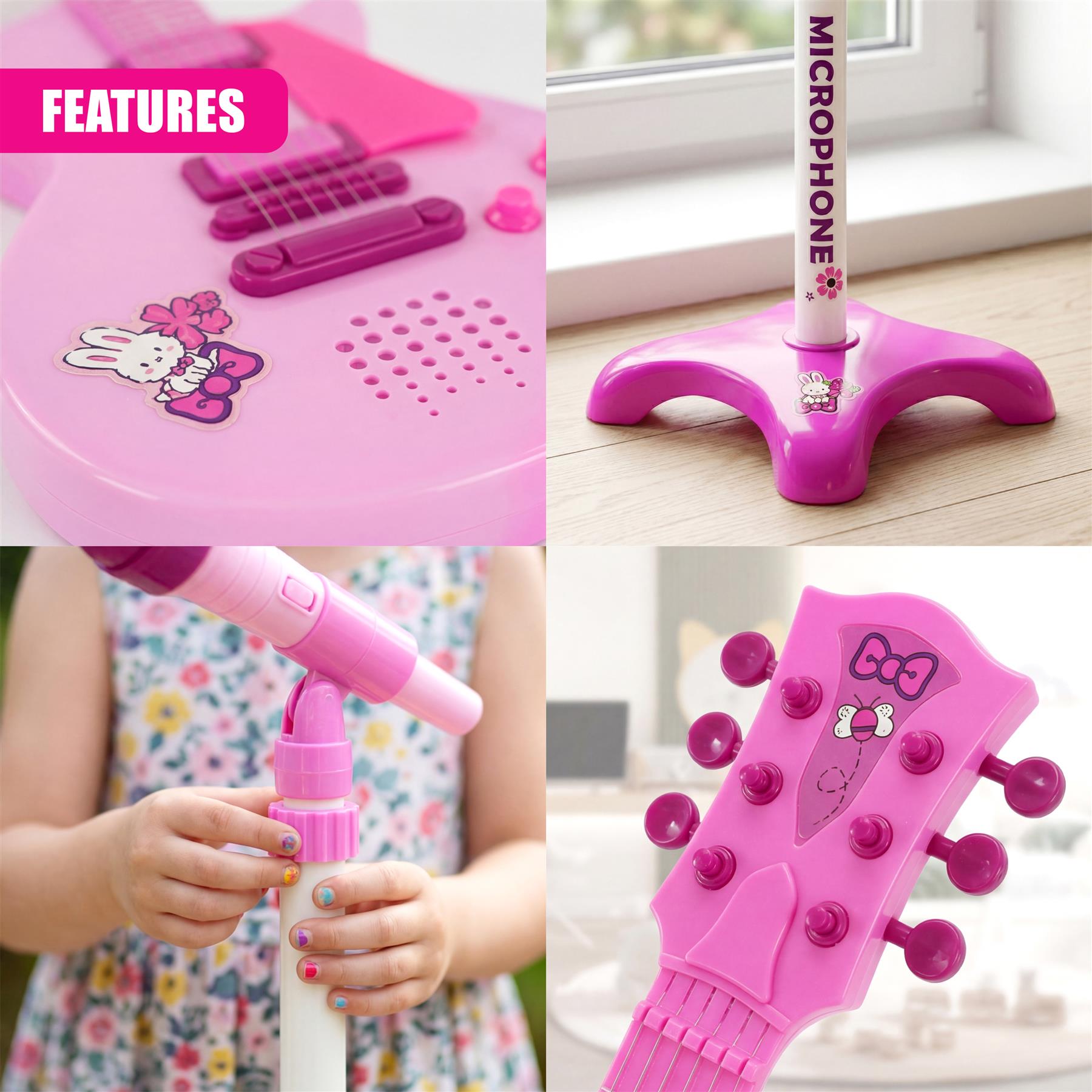 Pink toy playset shows microphone stand, plastic guitar, and interactive activity panel pieces.