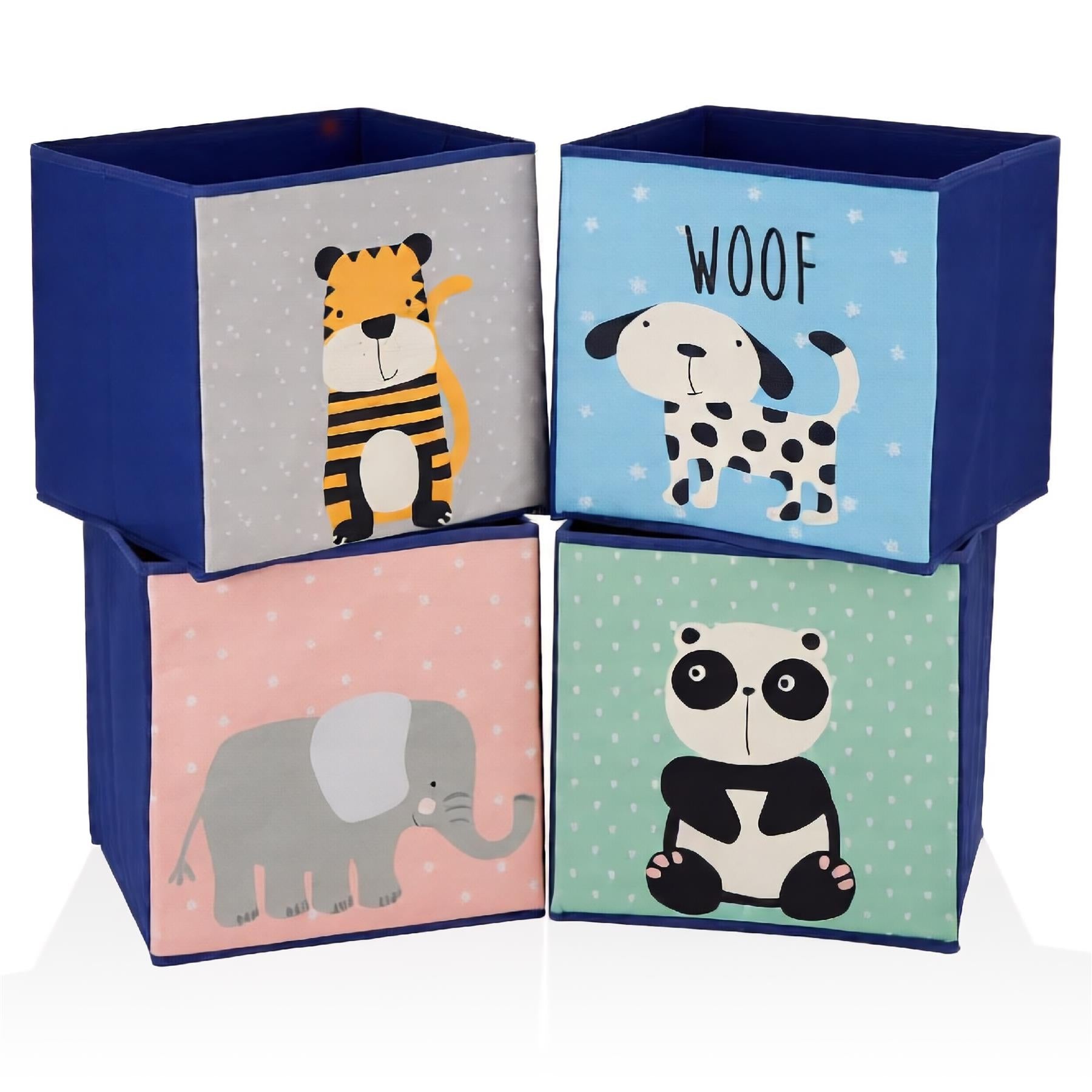 Colorful children's storage boxes, each with different animal designs and text. - The Magic Toy Shop