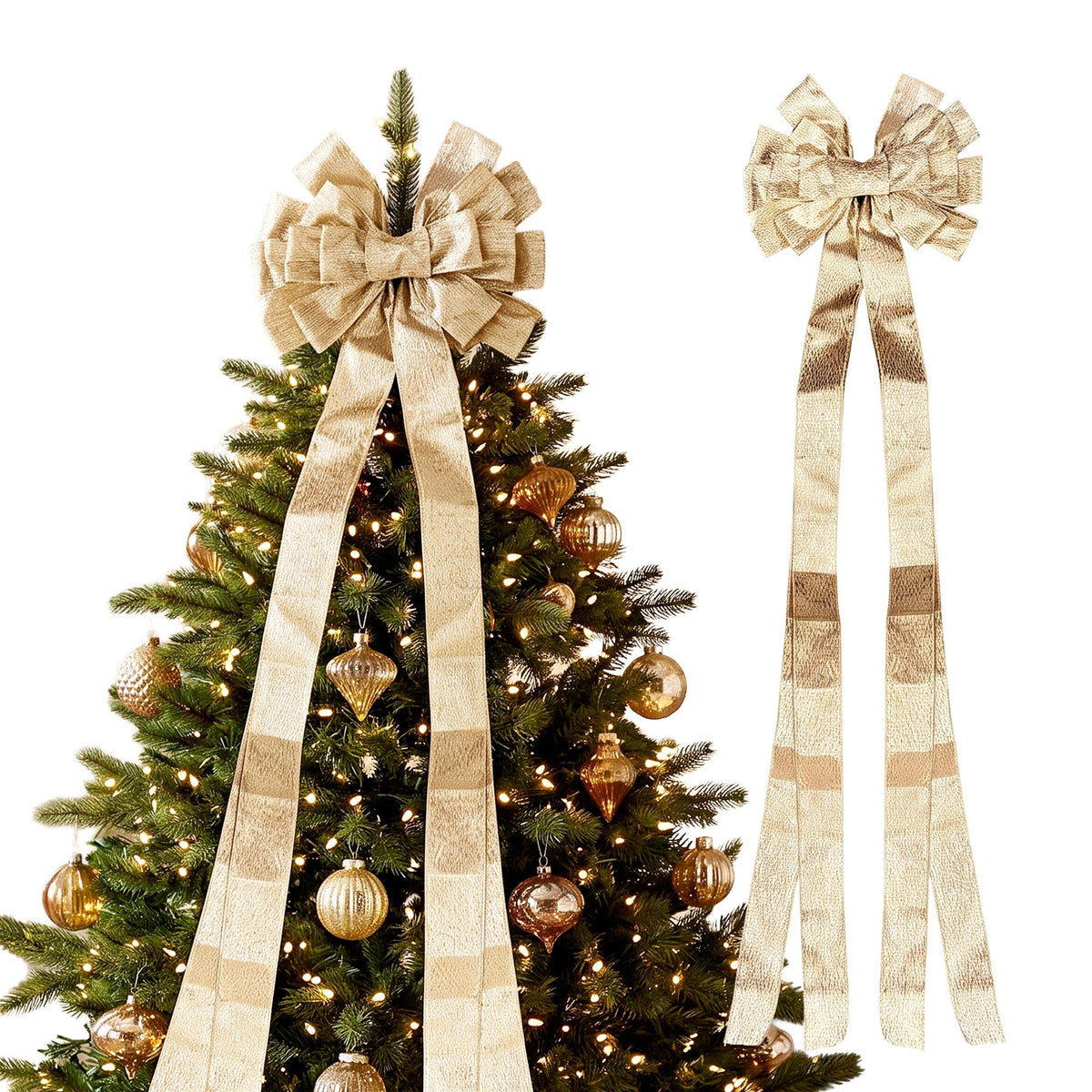 A gold Christmas tree bow topper, 130cm, sits on a decorated Christmas tree with ribbons