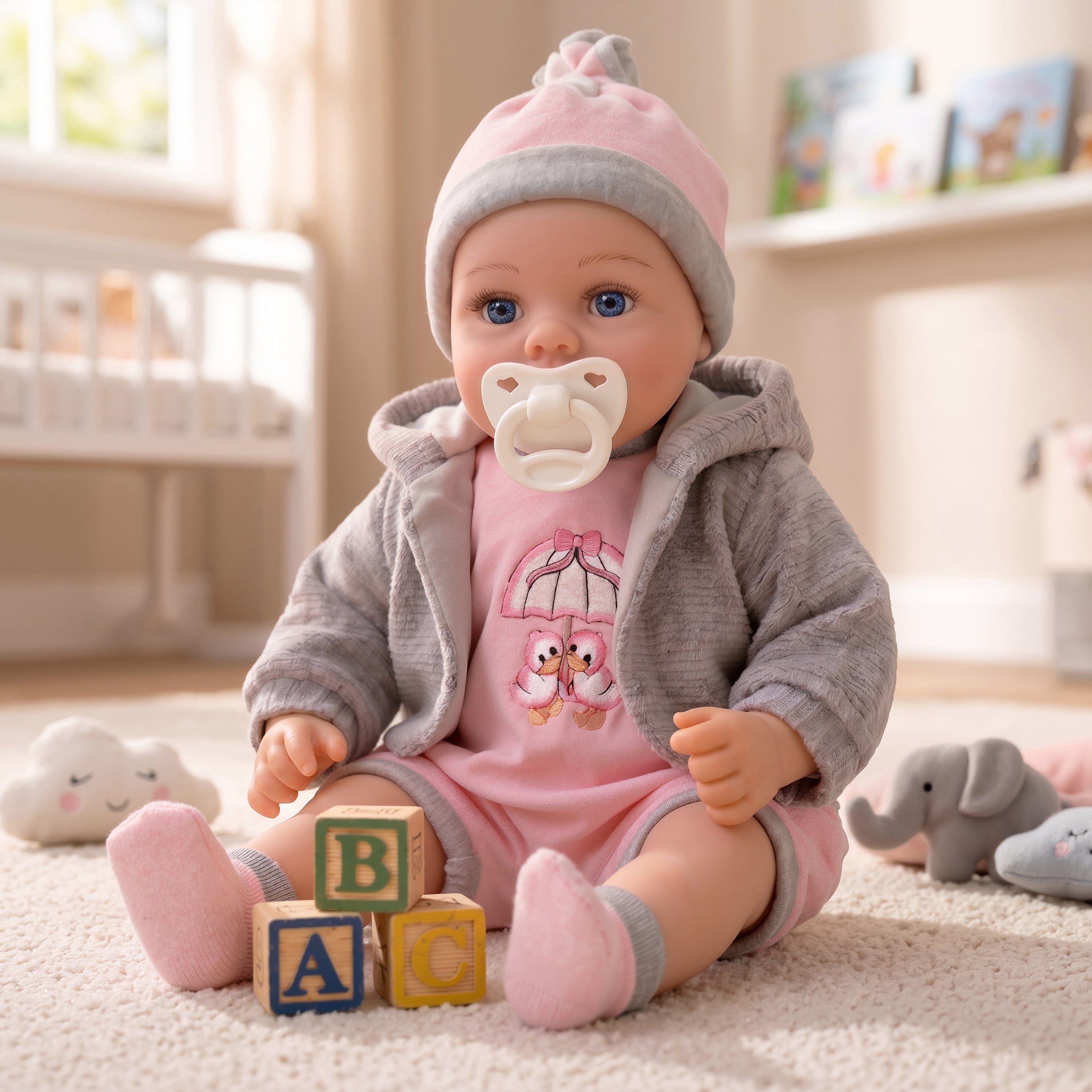 Baby Girl Doll With Dummy & Sounds Grey