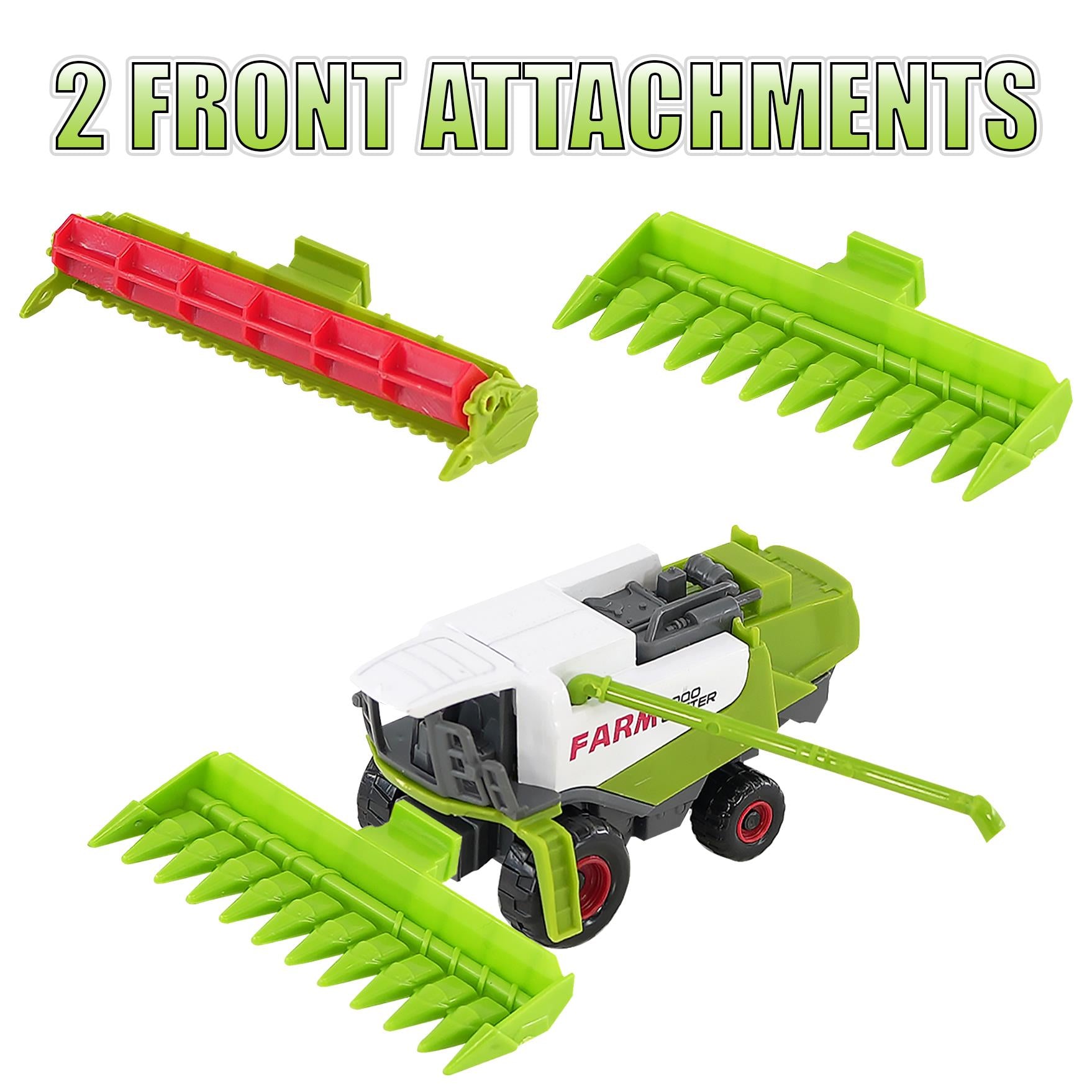 A toy combine harvester with two front attachments. The combine has a green and white body with red wheels. The front attachments are green and red. The text "2 FRONT ATTACHMENTS" is at the top. - The Magic Toy Shop