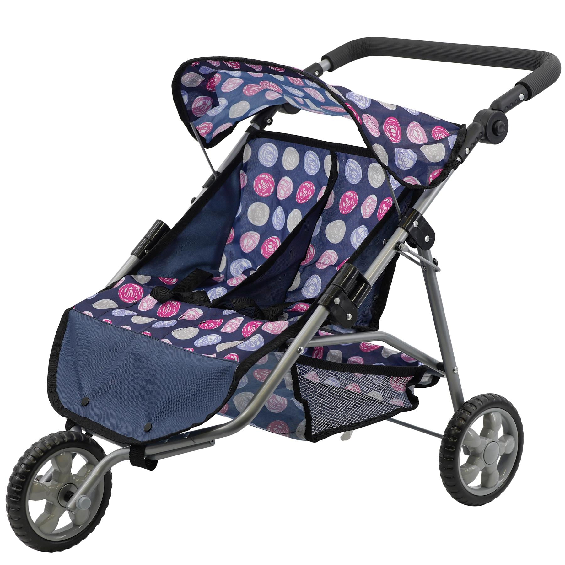 Blue and white patterned twin pushchair with a black handlebar and three wheels.