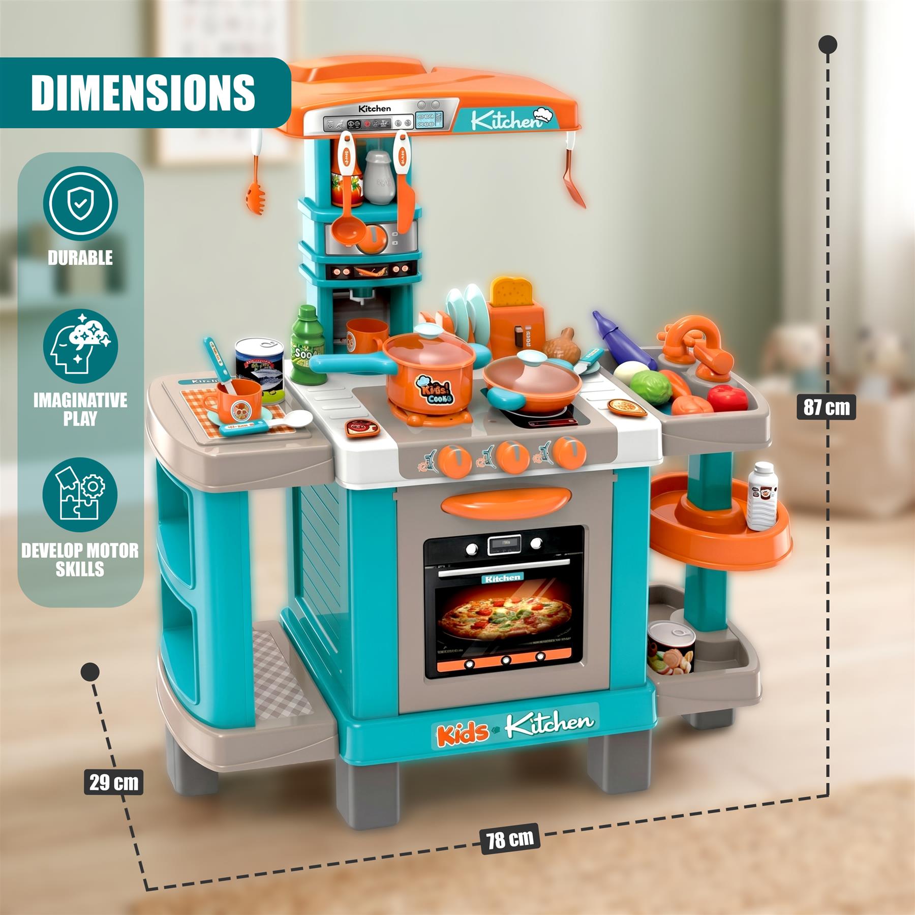 Play kitchen set featuring stove, sink, and counter space with play food and accessories.