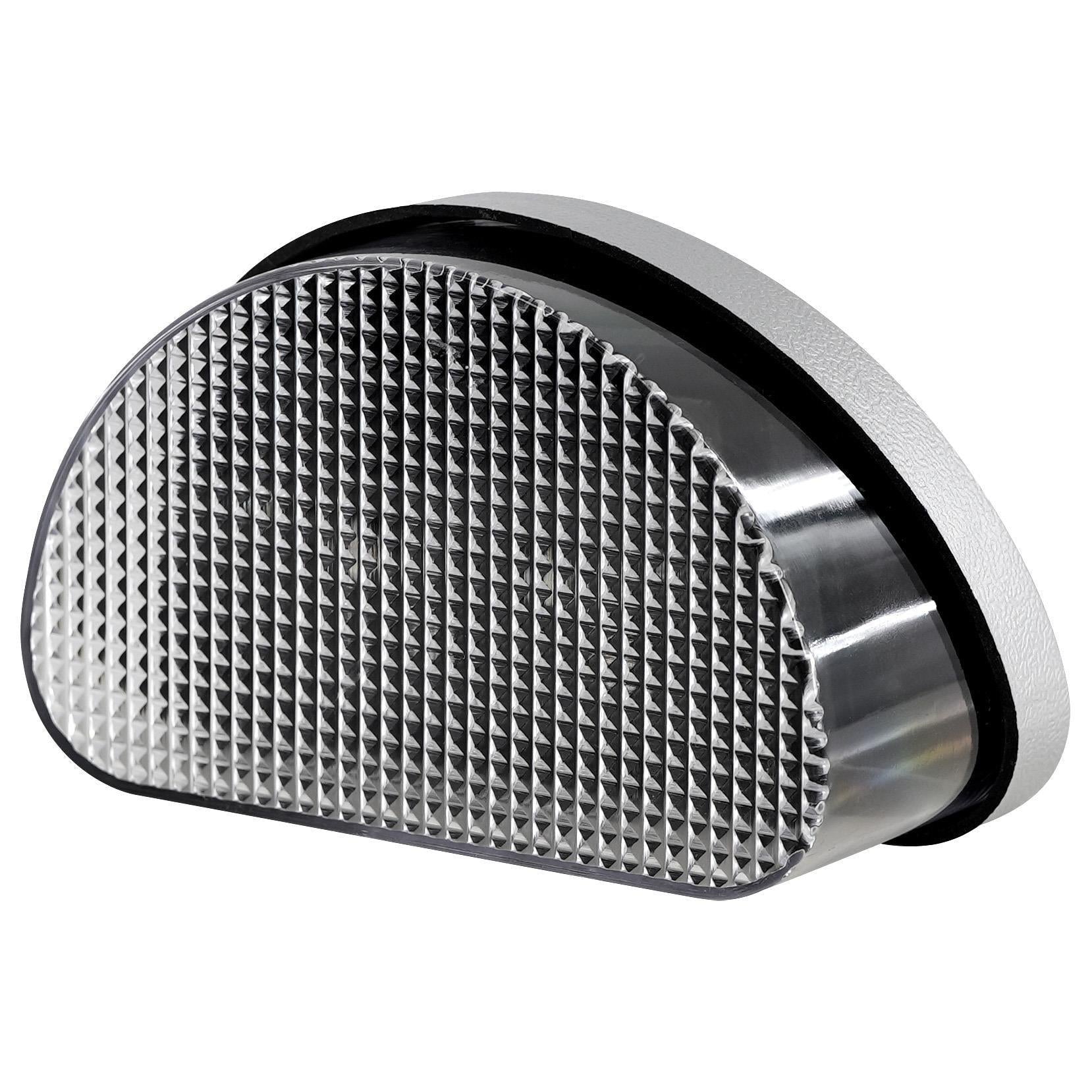 Metallic, semi-circle outdoor light fixture featuring a patterned mesh front and smooth, curved metal edges.