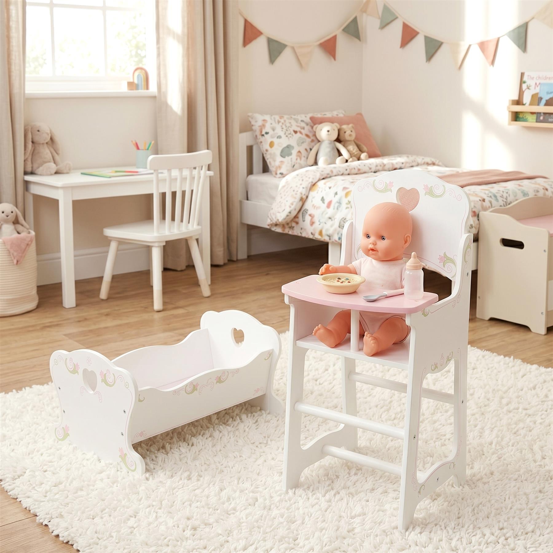 White wooden cradle and high chair set displayed with a baby doll sitting on the tray.