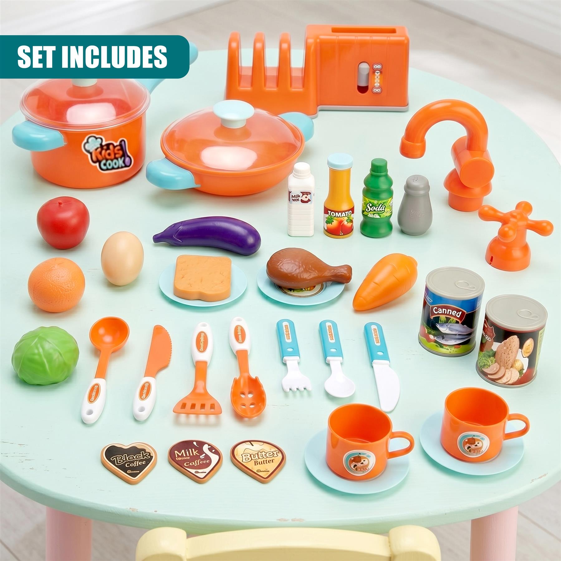 Toys include miniature cookware, play food items, utensils, and pretend beverage bottles.