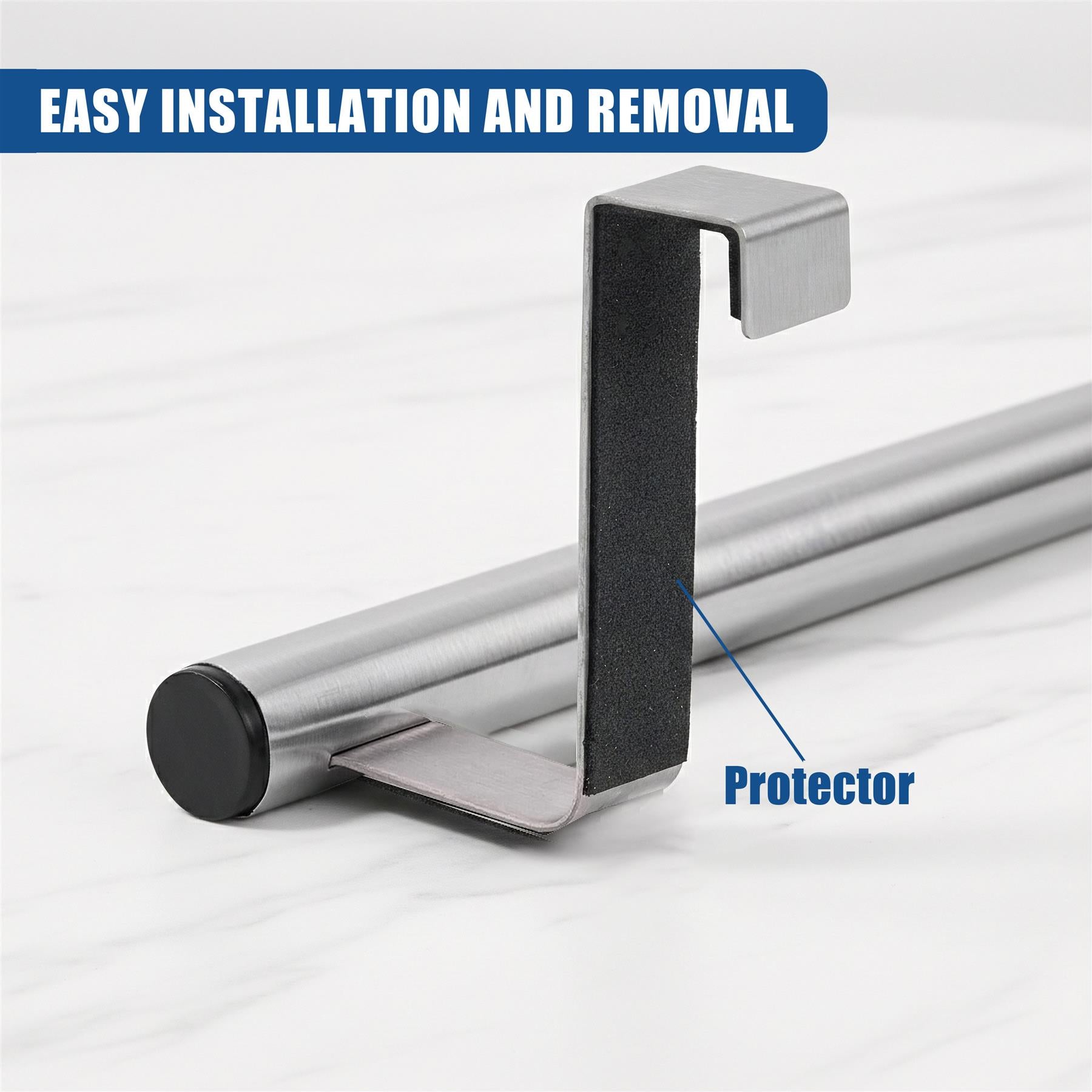 Adjustable silver metal railing displayed with a black adhesive mounting protector component.