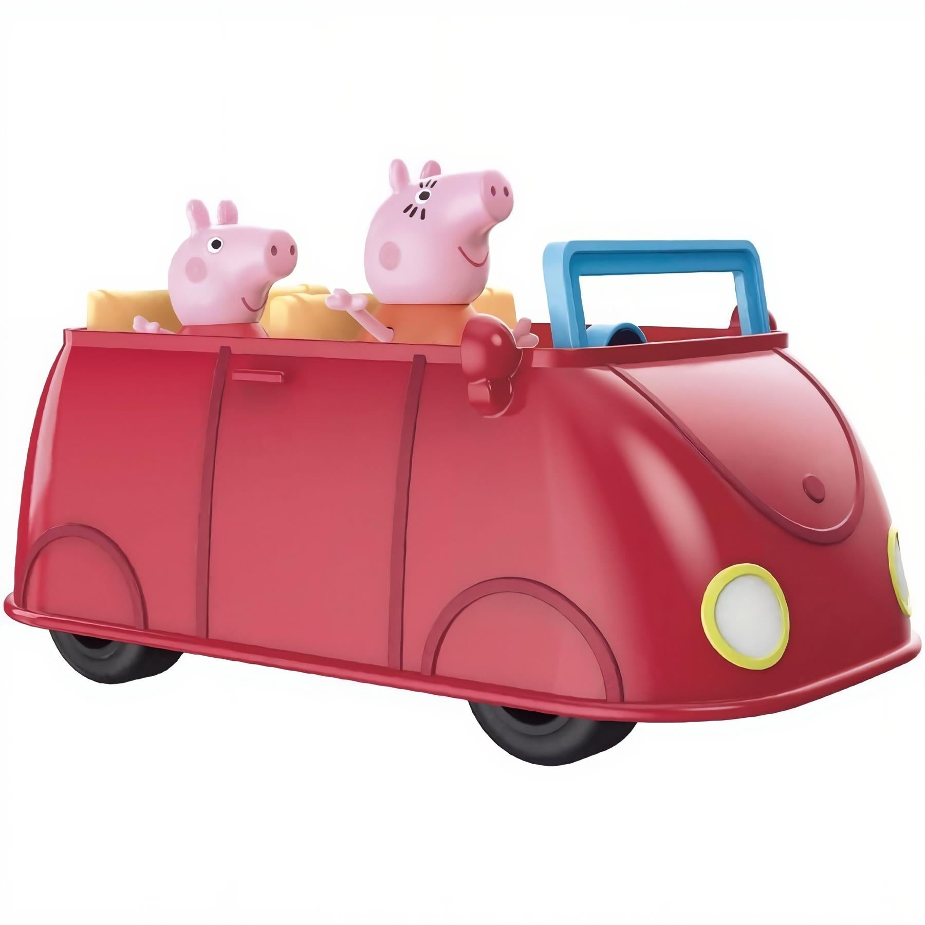 Red toy car playset includes molded figures of Peppa and George Pig.