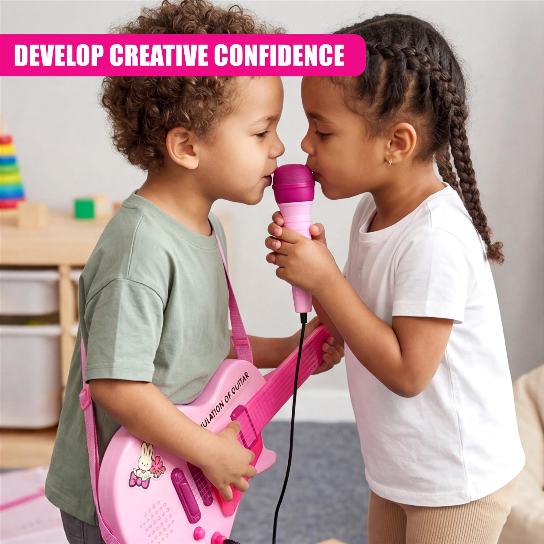 A boy and girl pose with a pink electric guitar playset and a microphone.