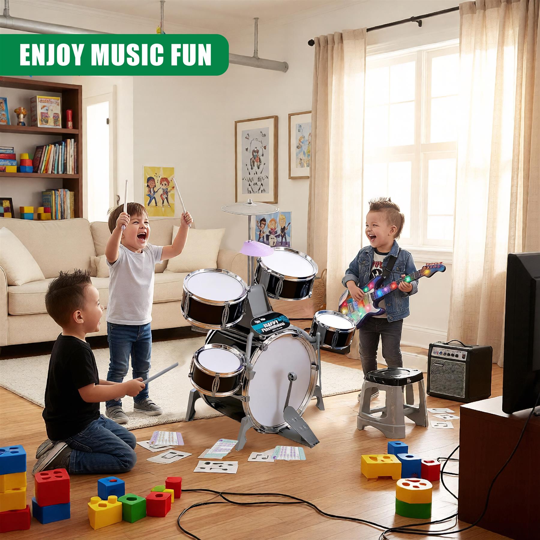 A room with three boys playing with a toy drum set. The drum set has five drums, a bass drum, a snare drum, two toms, and a cymbal. The boys are playing with drumsticks and appear to be having fun. There are blocks and cards on the floor. The room has a couch, a bookshelf, and a window. - The Magic Toy Shop