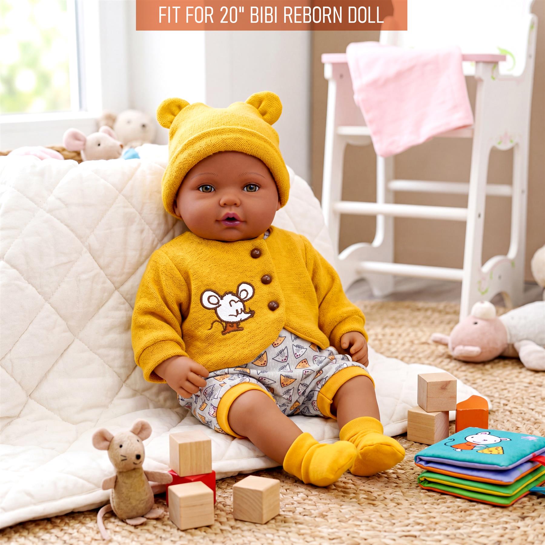 Doll modeled in yellow mouse-themed outfit, surrounded by wooden blocks and small plush toys.