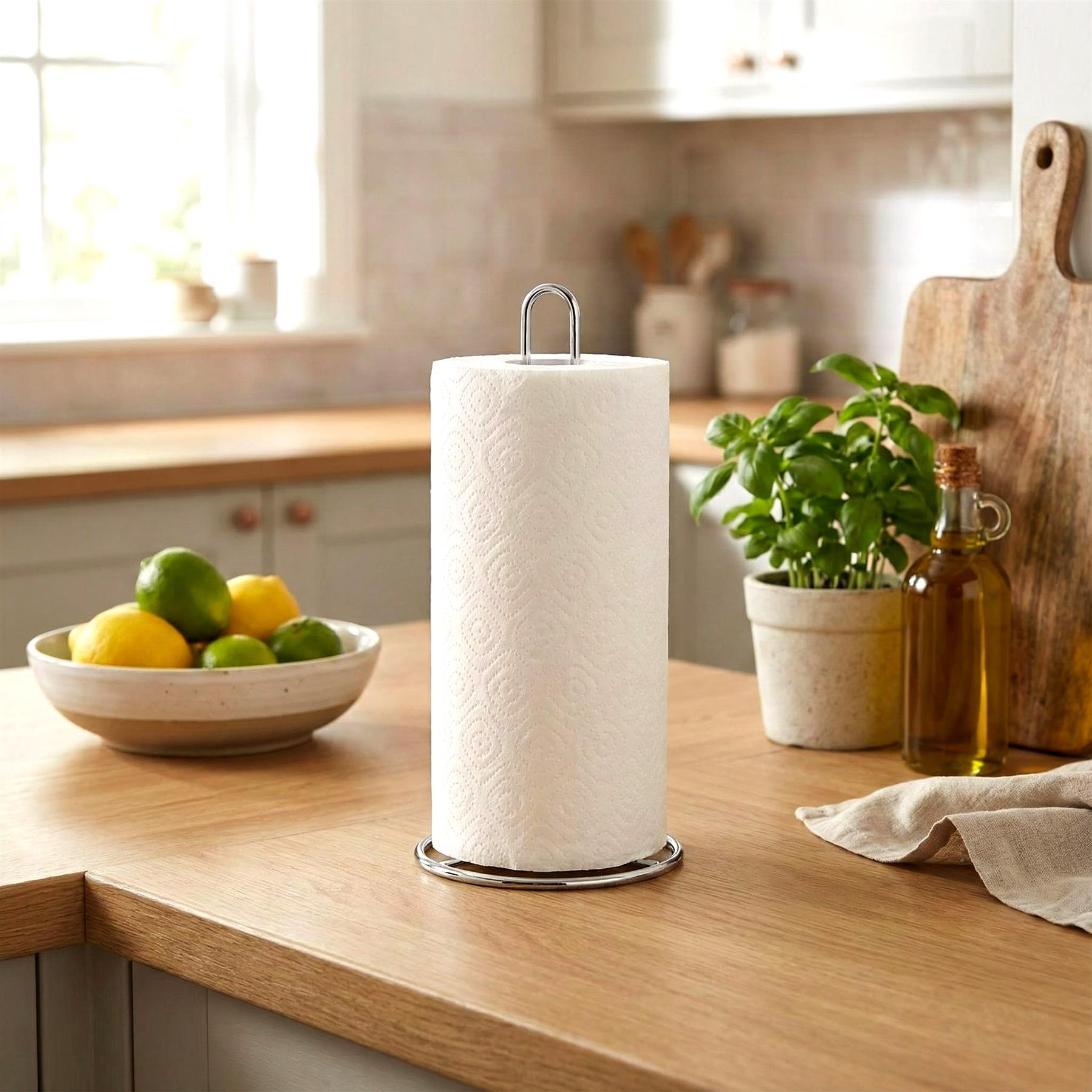A white, cylindrical paper towel holder with a metal base and a small metal hook at the top, holding a single roll of paper towels. The holder is placed on a wooden countertop, surrounded by a bowl of fruit, a potted plant, and a bottle of oil, in a bright and airy kitchen. - The Magic Toy Shop