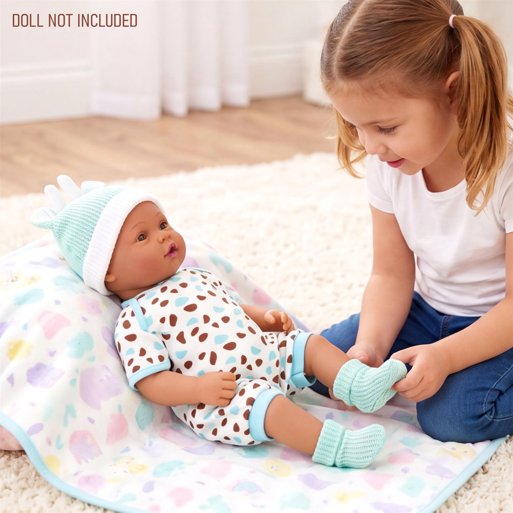 Doll dressed in a spotted outfit, mint hat, and socks lying on a floral patterned blanket.